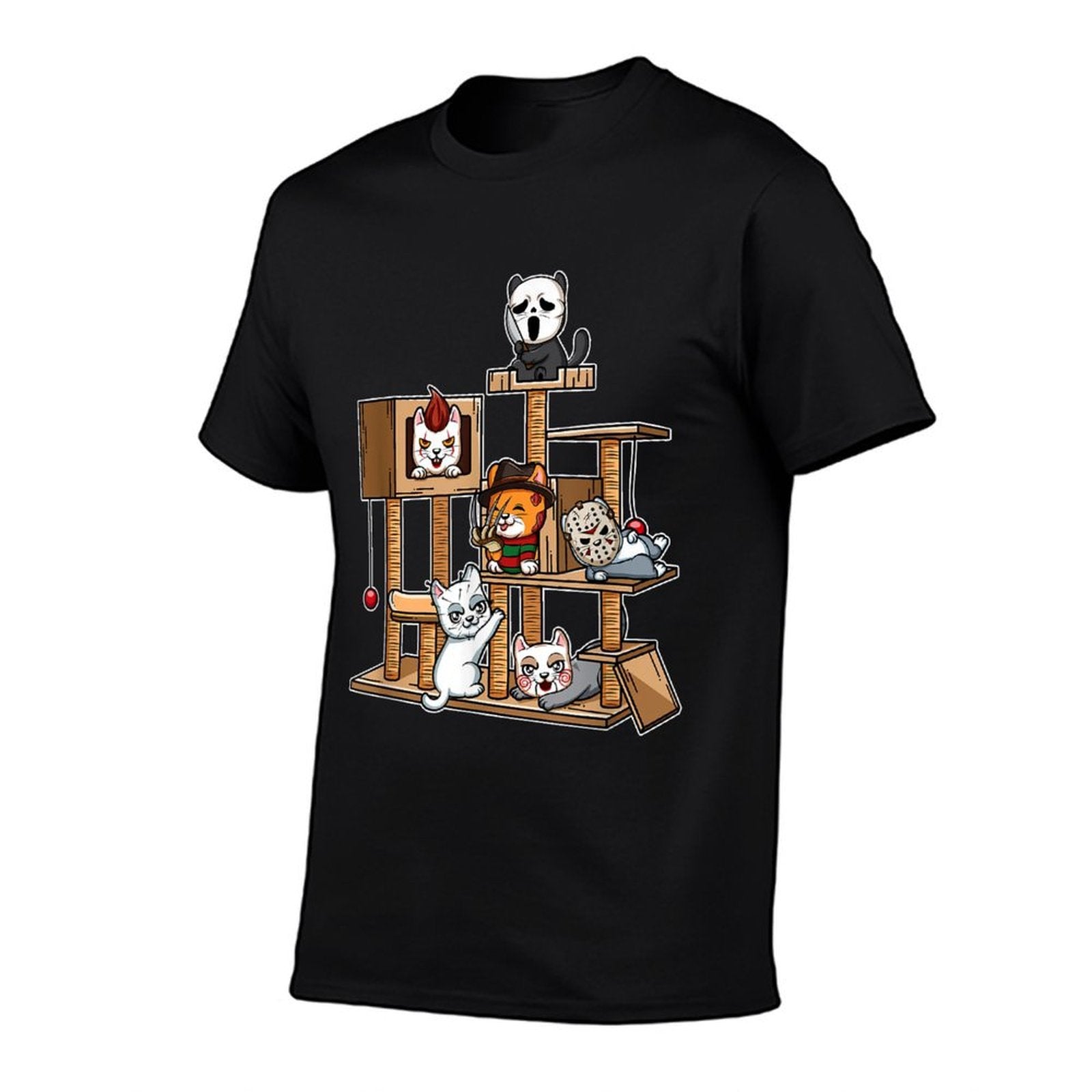 Funny Horror Movie Kitten Playing On Cat Tree  Moisture-wicking T-Shirt