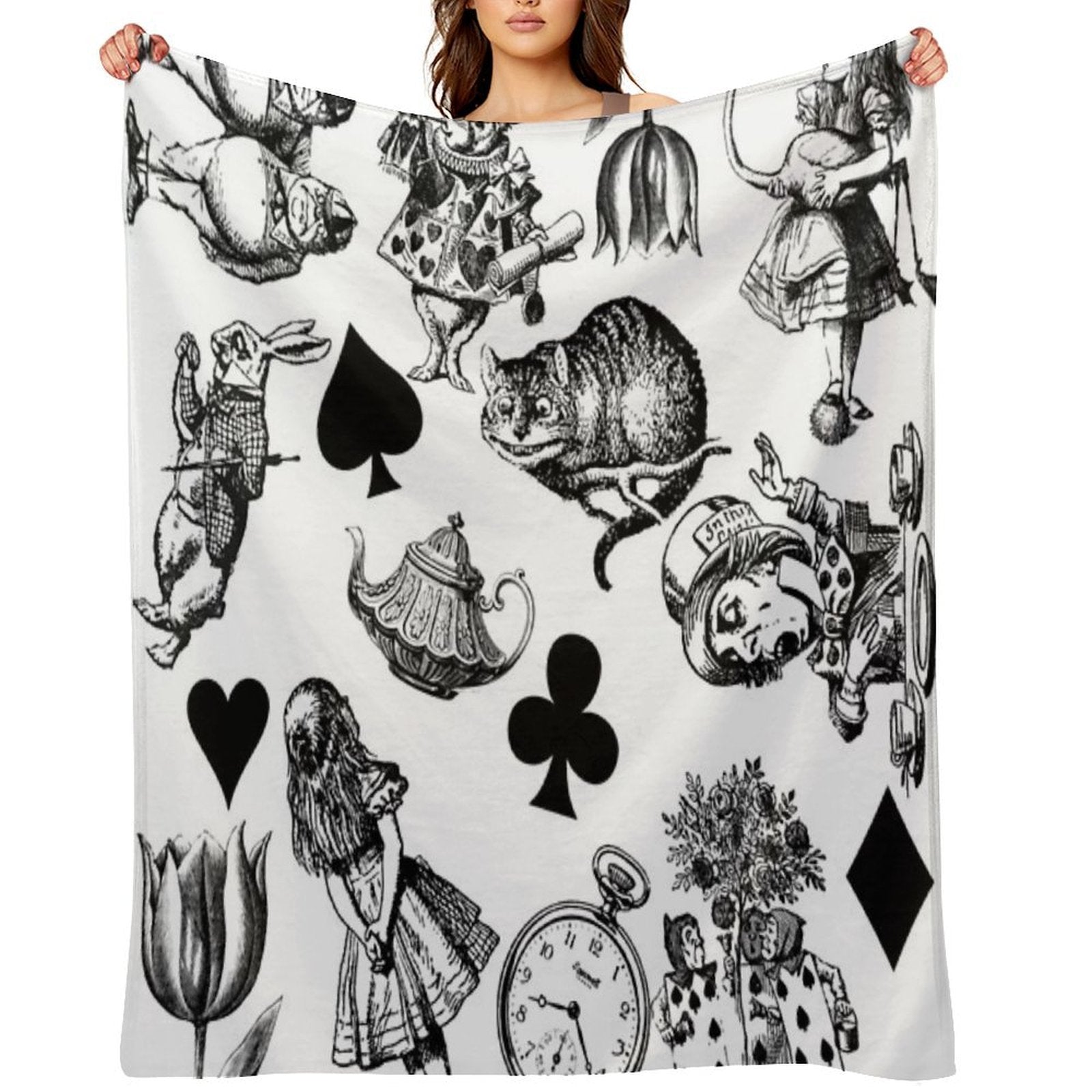 Alice's Adventures in Wonderland White Rabbit Mad Hatter Easy Care Throw Blanket