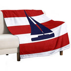 Nautical Navy Blue Sailboat On Red Stripes Plush Throw Blanket