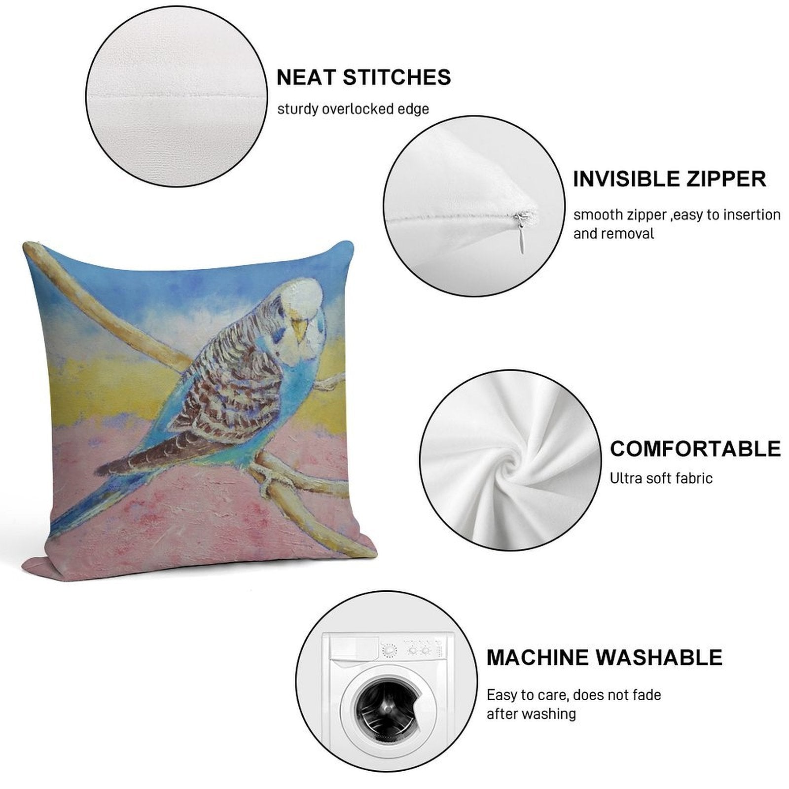 Sky Blue Budgie Soft Fade-Resistant Throw Pillow