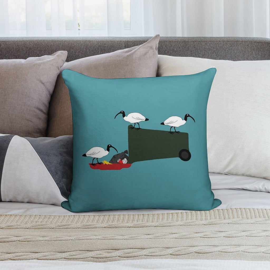 Bin Chickens Eating Lunch on Sea Blue Soft Shrink-Resistant Throw Pillow