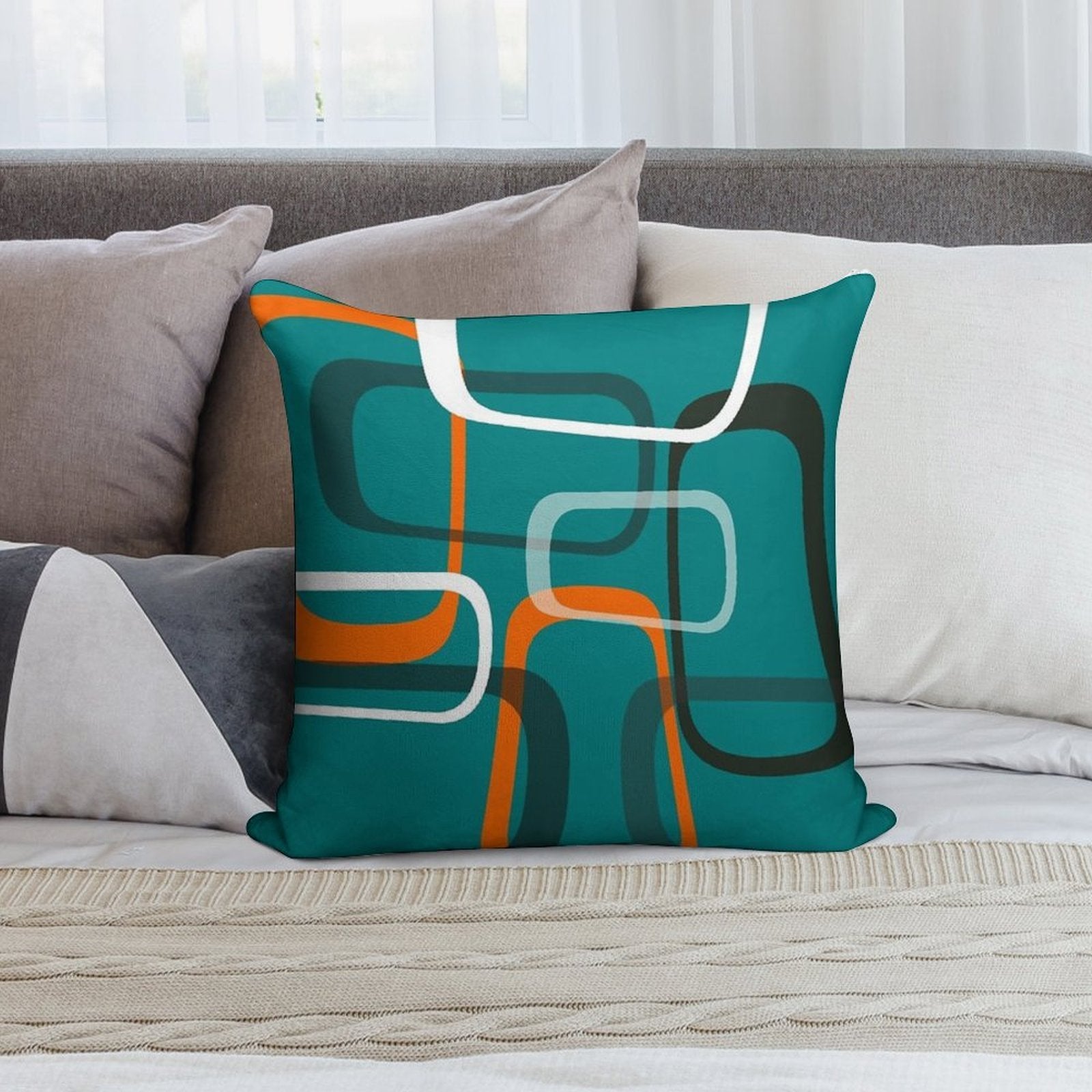 Mid Century Modern Layered Rings Print on Teal Soft Short Plush Fabric Throw Pillow