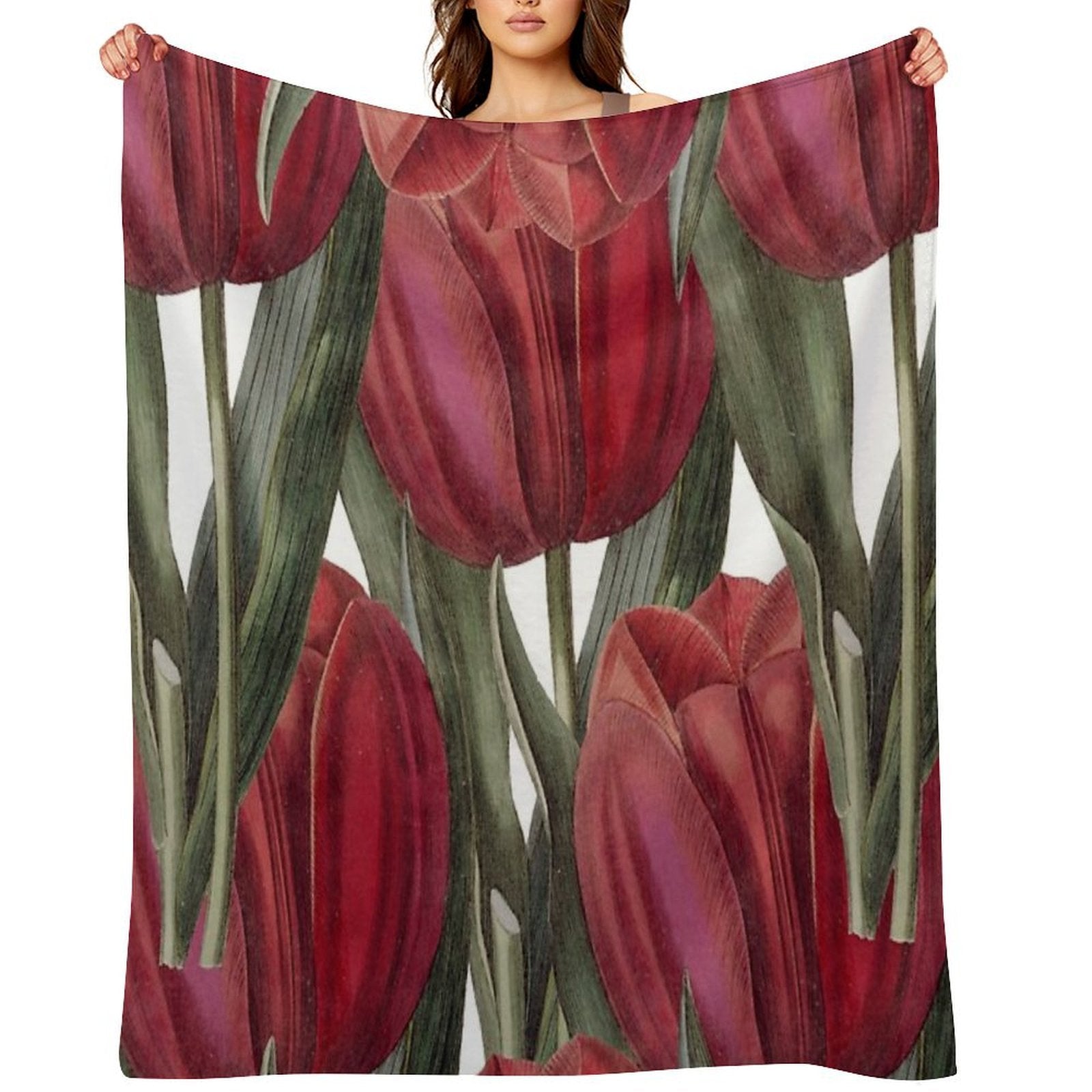 Flower Bouquet, Canva, Flowers, Tails, Pattern, Green, Red Eco-conscious Throw Blanket