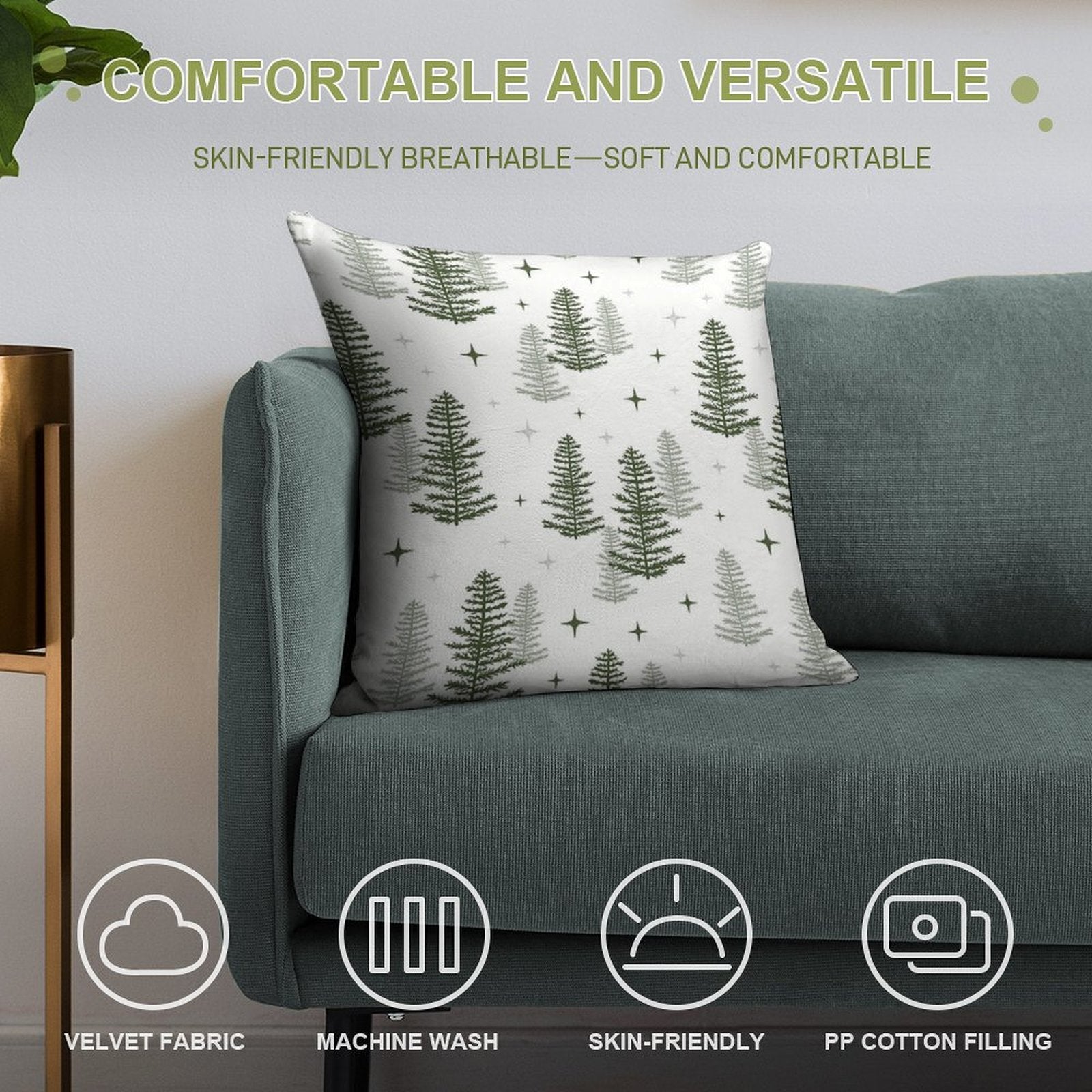 Christmas Night with Green Trees Soft Hidden Zipper Throw Pillow