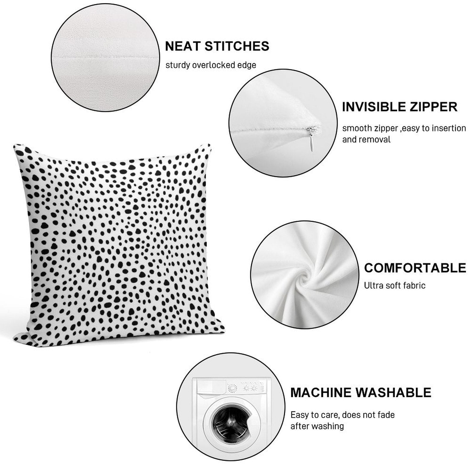 Modern Black And White Hand Drawn Polka Dots Soft Fade-Resistant Throw Pillow
