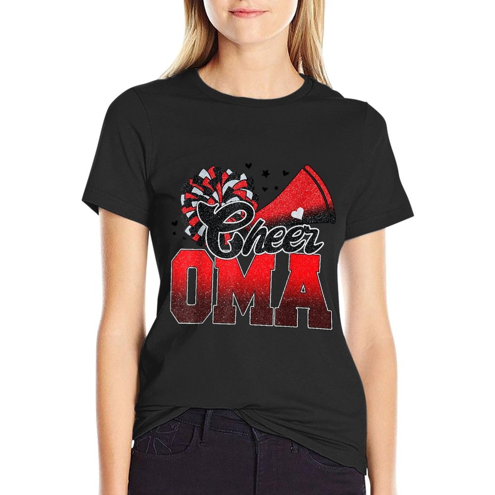 Cheer Oma Cheer Leader Gift Biggest Fan Black Red Pom Pom  Wrinkle-resistant T-Shirt