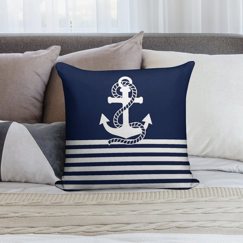Nautical Navy Blue Stripes And White Anchor Soft Bedroom Essential Throw Pillow