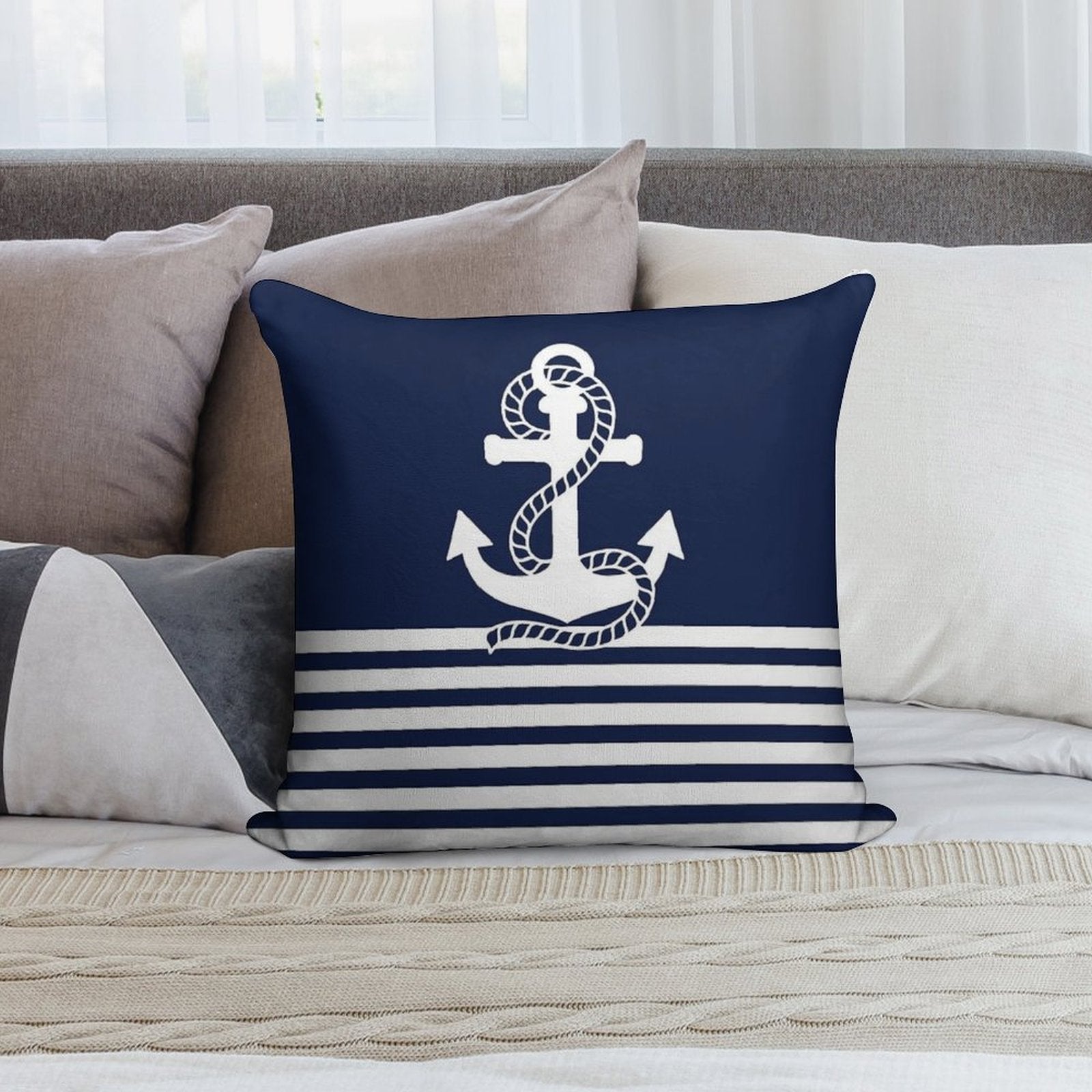 Nautical Navy Blue Stripes And White Anchor Soft Bedroom Essential Throw Pillow