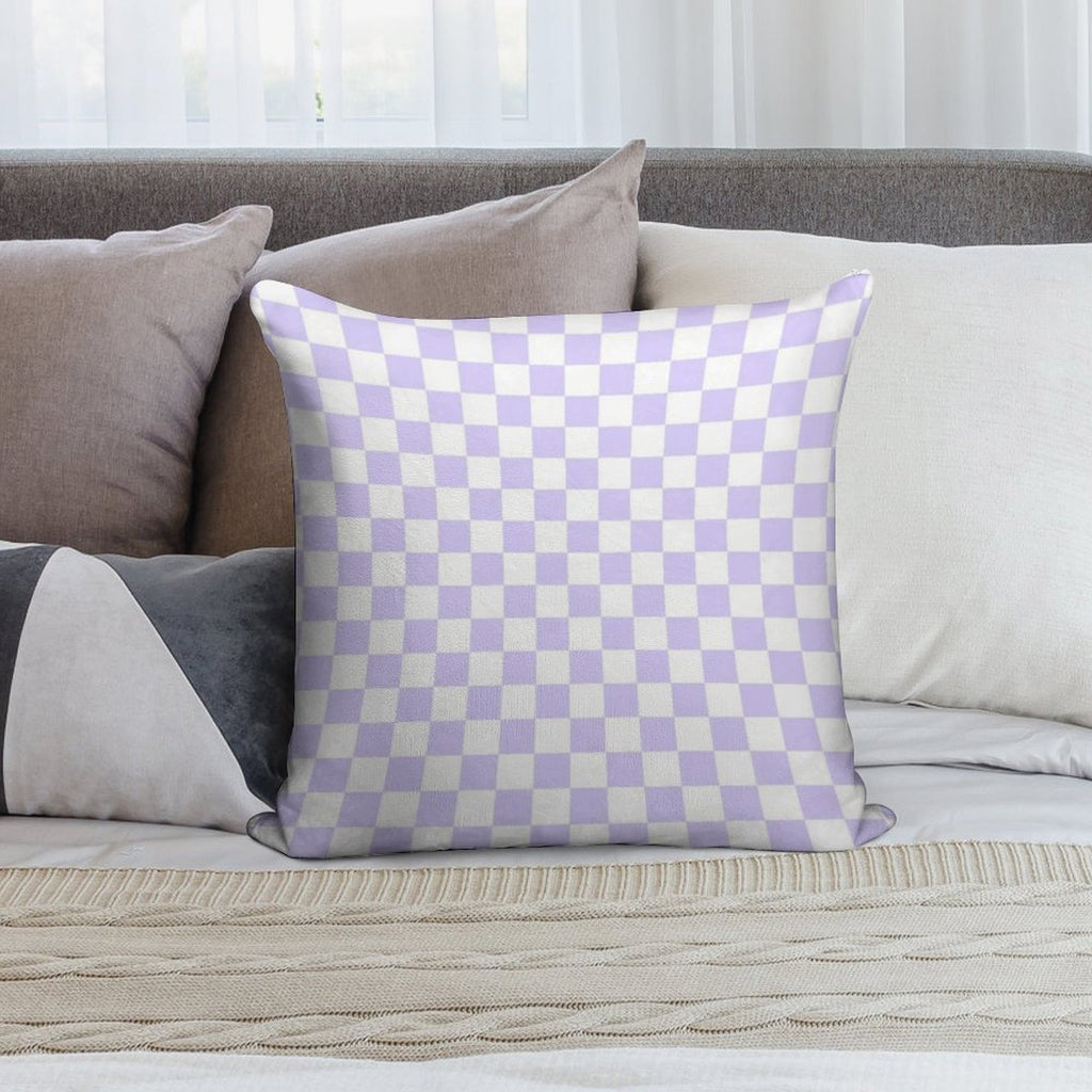 White And Pale Lavender Violet Checkerboard Soft Shrink-Resistant Throw Pillow