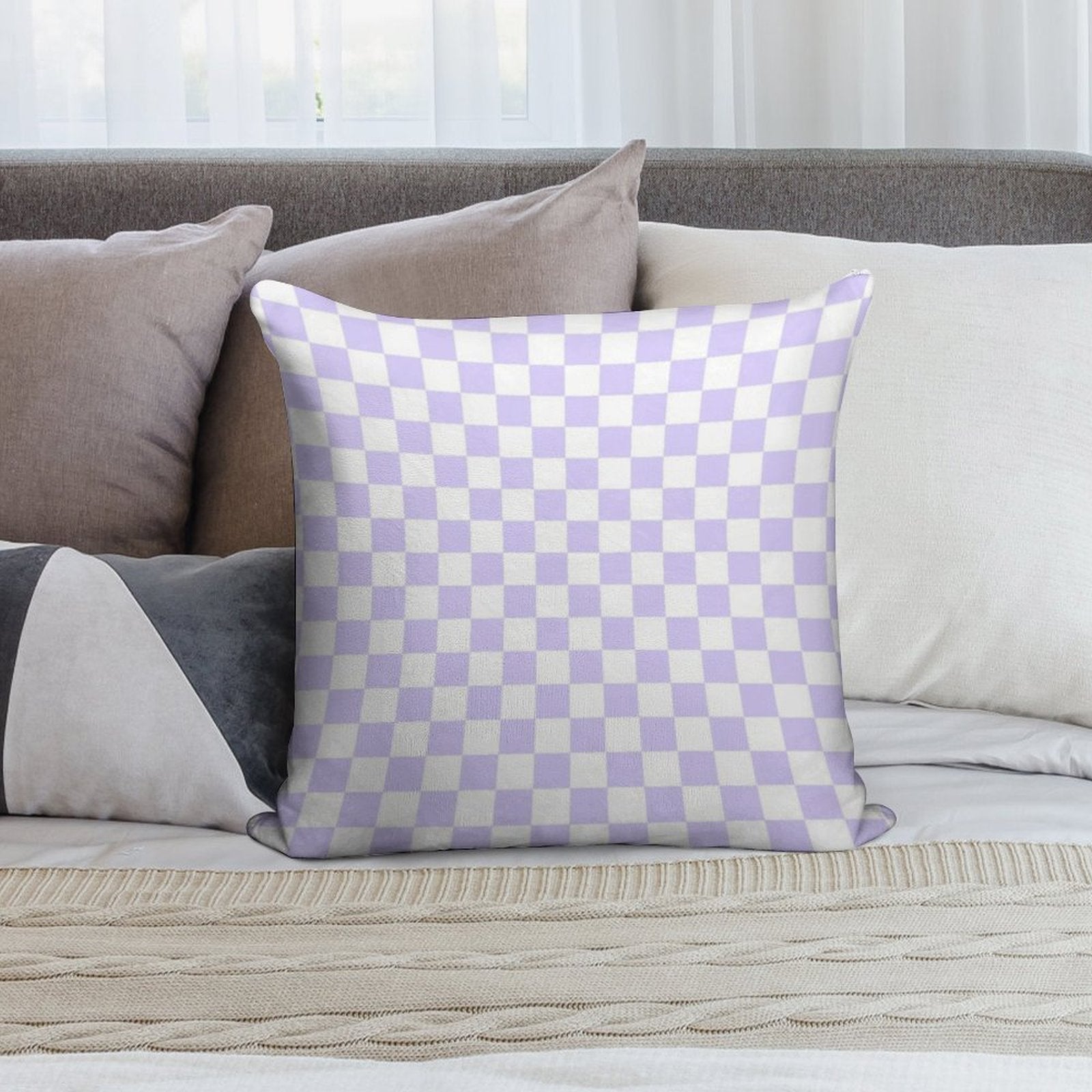 White And Pale Lavender Violet Checkerboard Soft Shrink-Resistant Throw Pillow