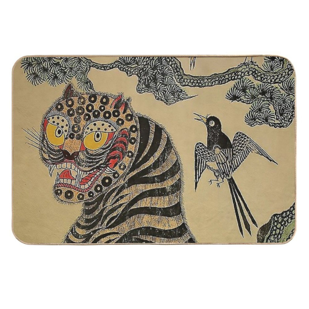 Striped Vintage Minhwa Tiger And Magpie  Easy To Clean Bath Mat