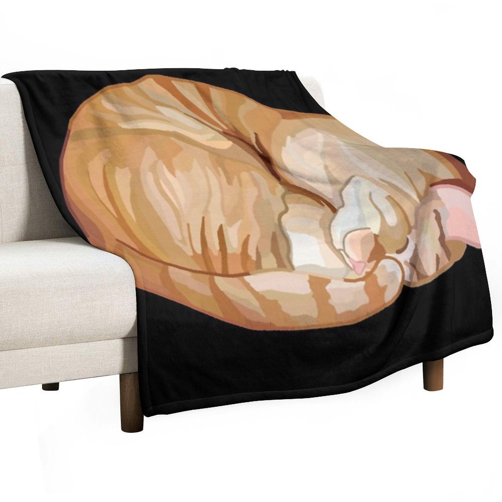 Sleeping Curled Orange Ginger Tabby Cat Easy Care Throw Blanket