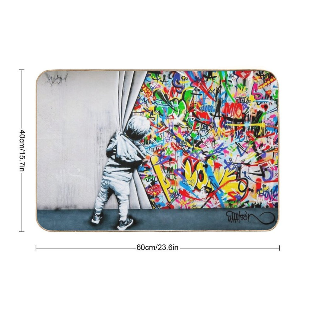 Behind The Curtain Boy - Colorful Graffiti Pop Art - Banksy Street Art Mural  Toxin-Free Bath Mat