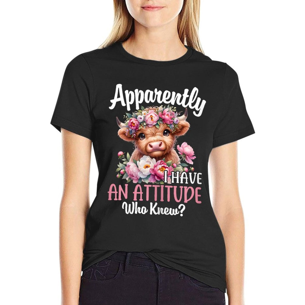 Apparently I Have An Attitude Who Knew Highland Cow Print  Rolled Sleeves T-Shirt