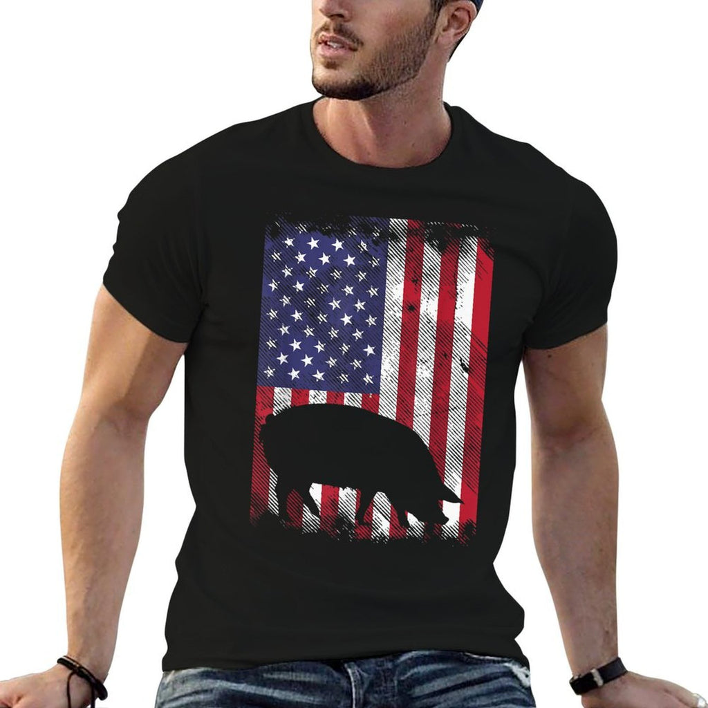 American Pig Vintage Farm Animal Patriotic Farmer Gift  Rolled Sleeves T-Shirt