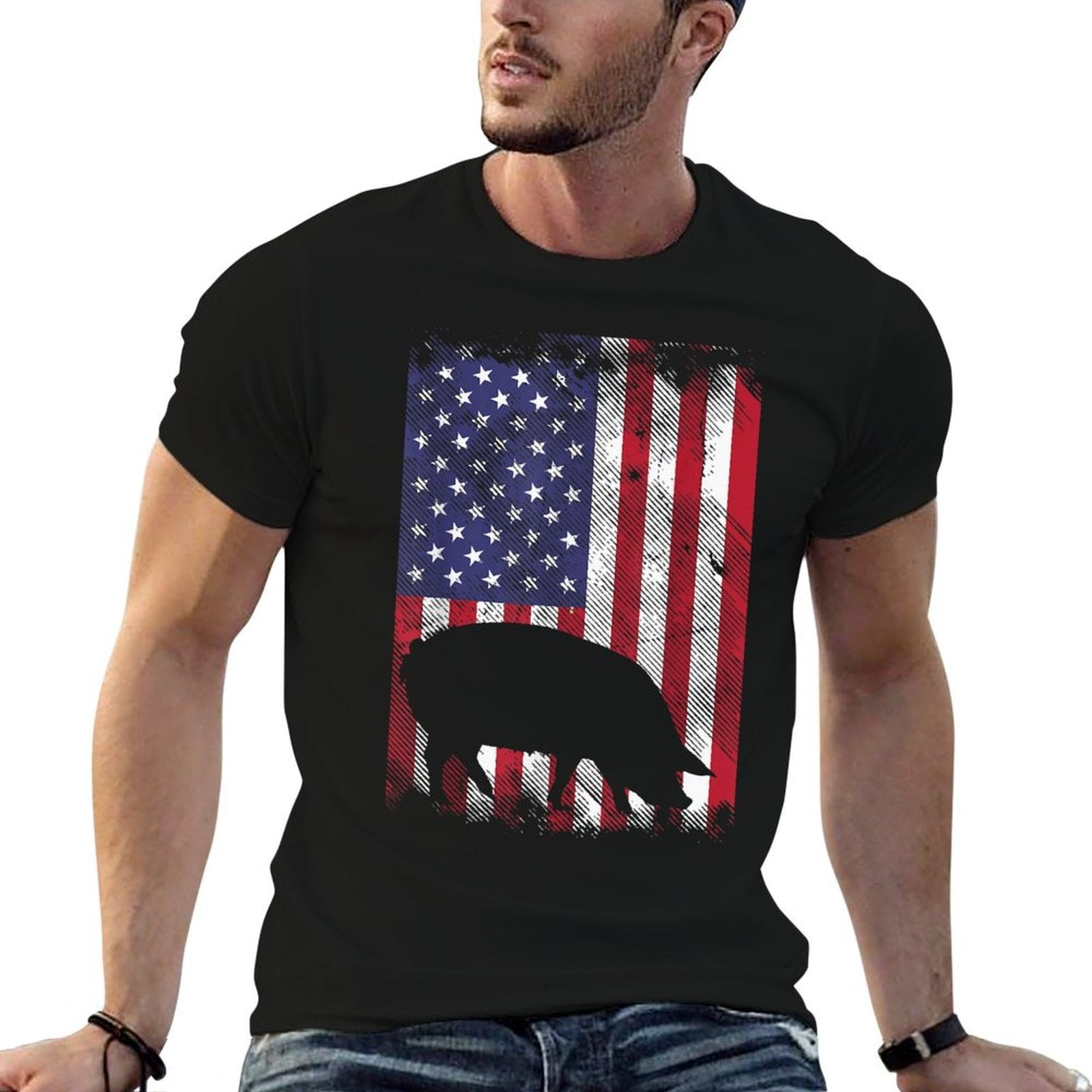 American Pig Vintage Farm Animal Patriotic Farmer Gift  Rolled Sleeves T-Shirt