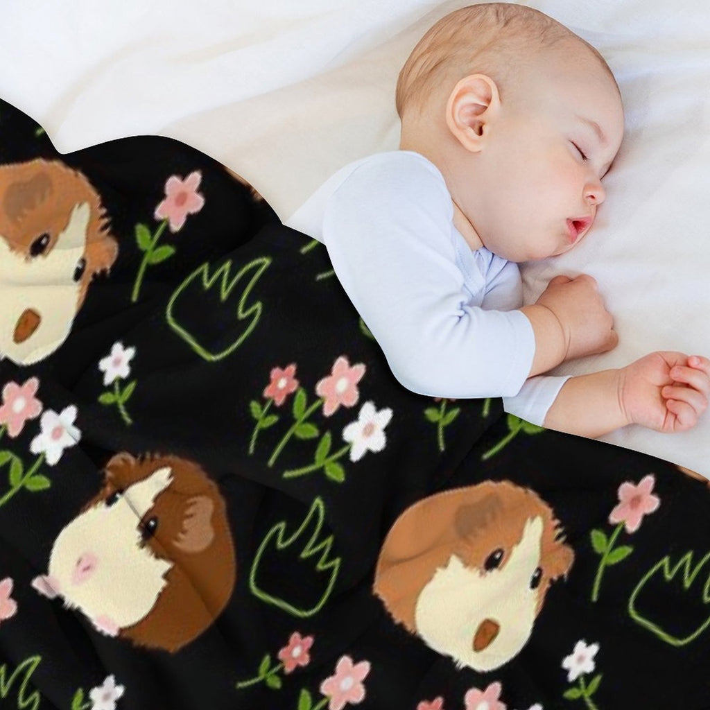 Guinea Pig And Flowers - Black Machine-washable Throw Blanket