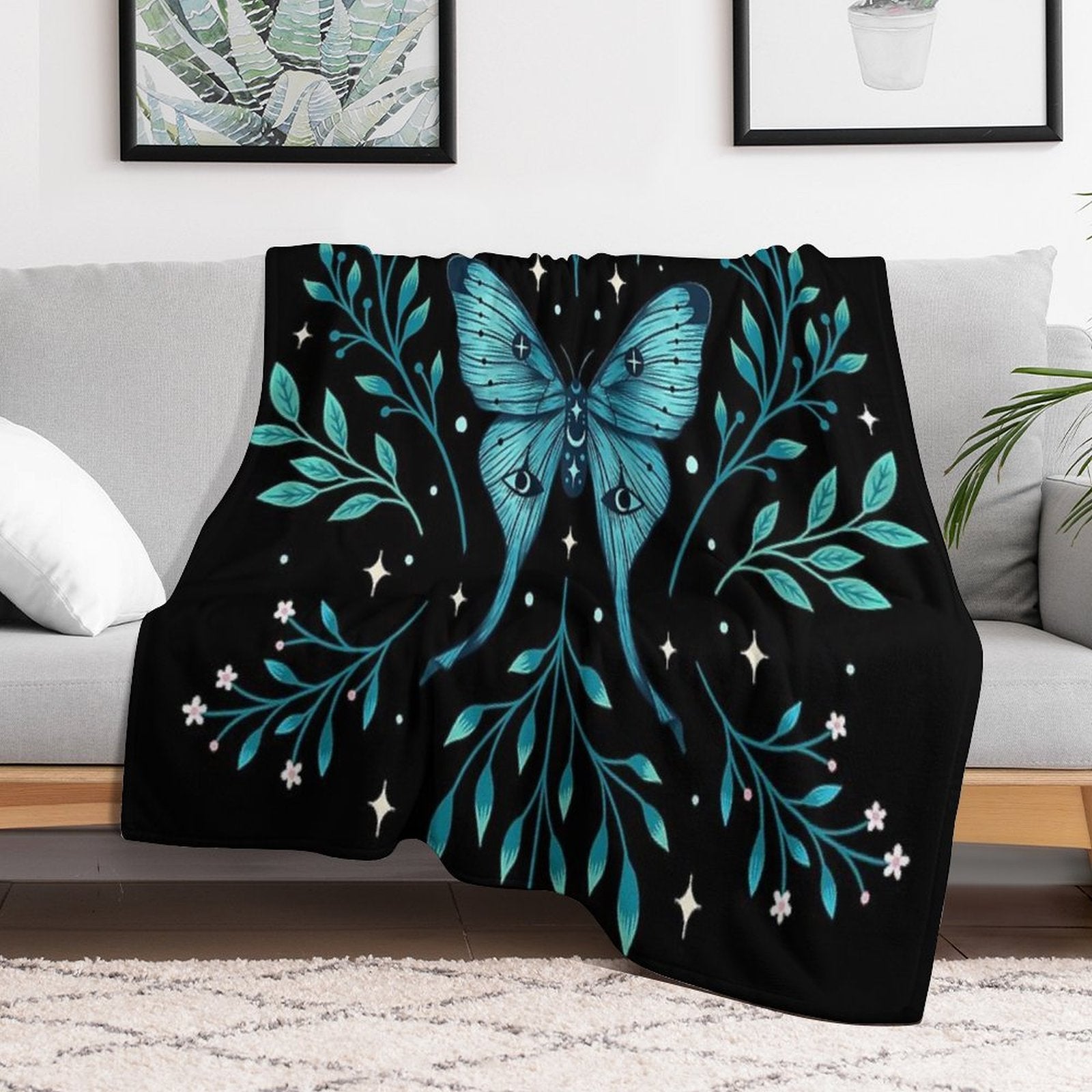 Mystical Moon Moth - Turquoise Eco-conscious Throw Blanket