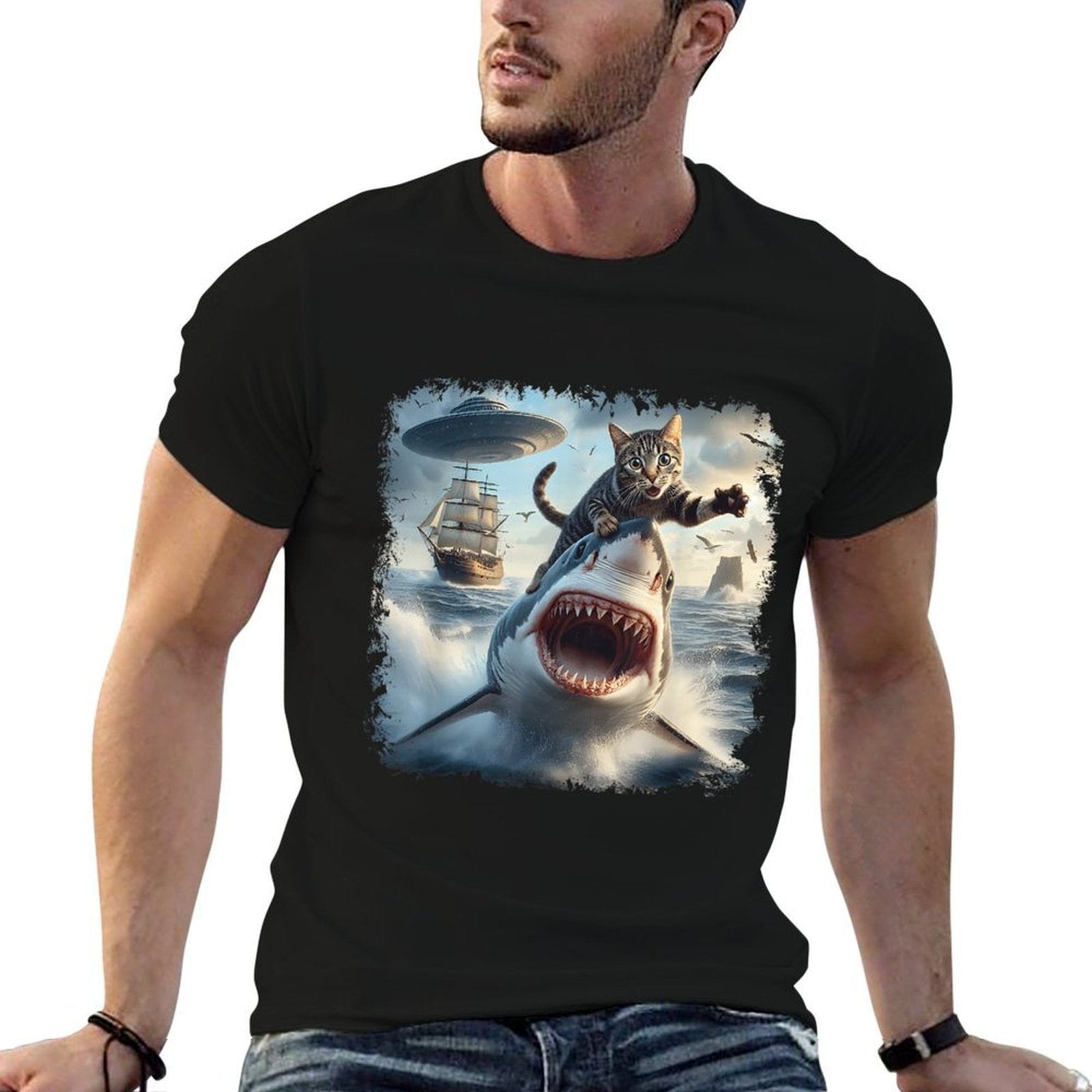 Cat Selfie With Alien Shark Funny Cat Cruise Meme Design for Men Women Kids  Vintage-inspired T-Shirt