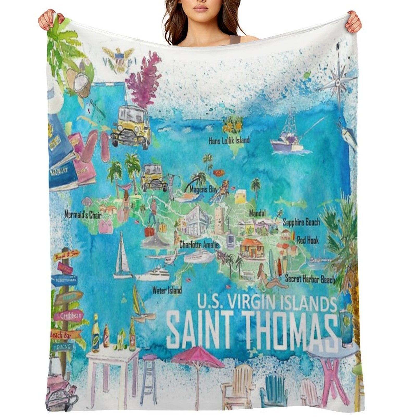 Saint Thomas USVI Illustrated Travel Map with Roads And Tourist Highlights Compact Throw Blanket