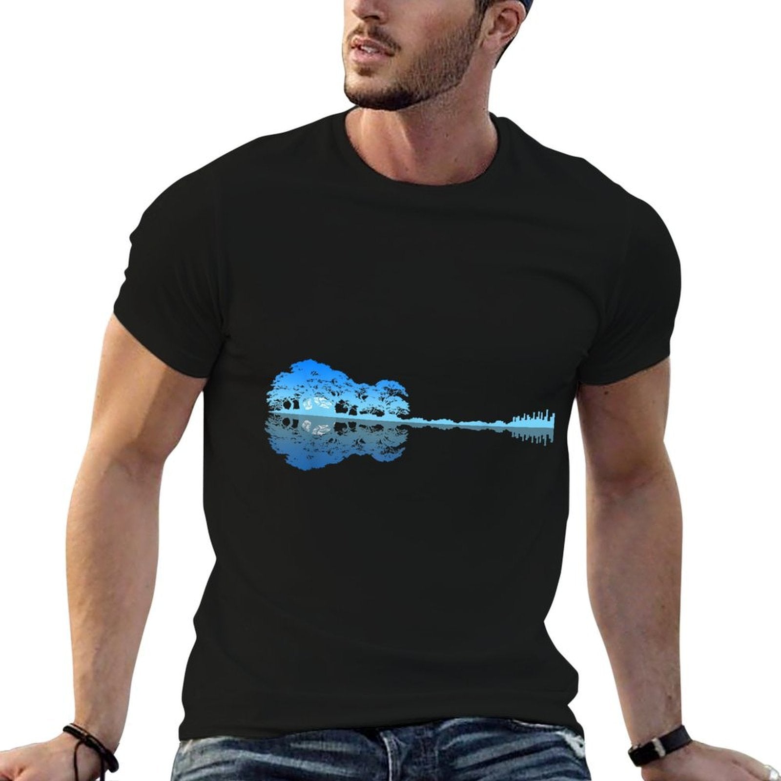 Guitar Shadow Lake Love Guitar Musician Guitarist Music  Polyester Blend T-Shirt