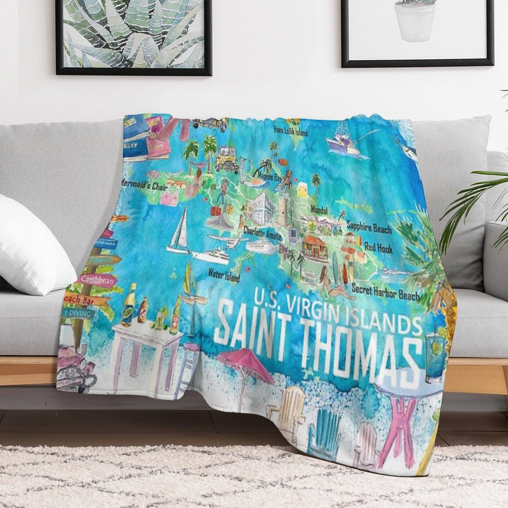 Saint Thomas USVI Illustrated Travel Map with Roads And Tourist Highlights Compact Throw Blanket