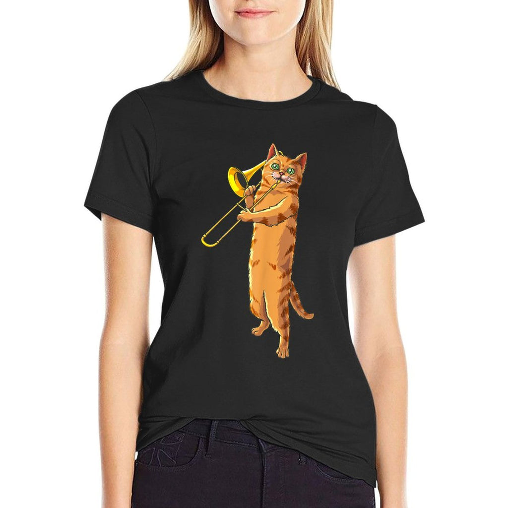 Funny Cat Playing Trombone Gift  Cool Kitten Musician Fan  Breathable T-Shirt