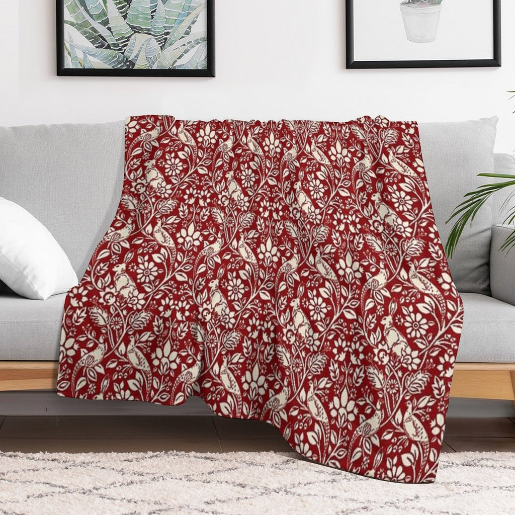 Pheasant And Hare Pattern, Deep Red And Cream Versatility Throw Blanket