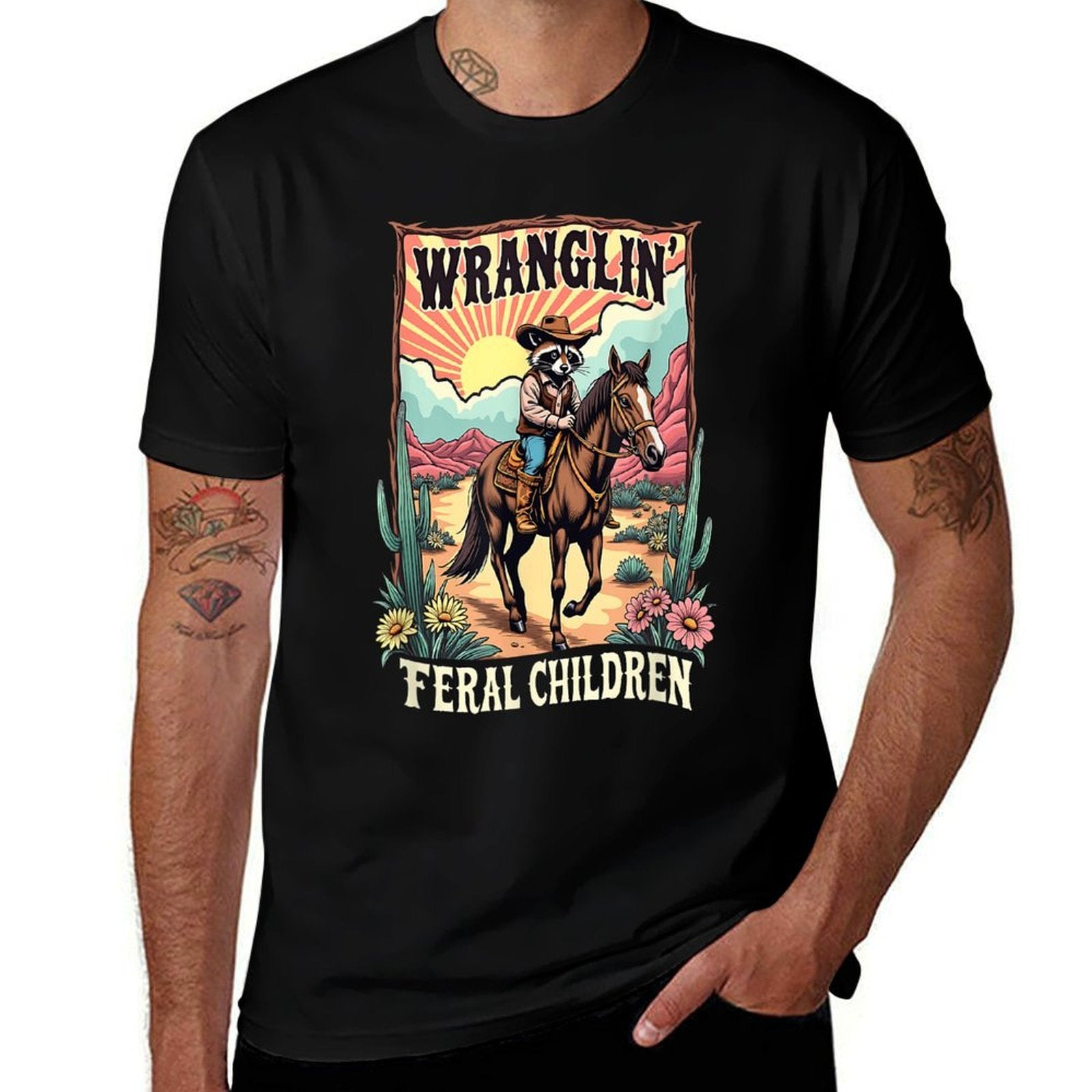 Vintage Wranglin Feral Children Raccoon Meme 90s Western  Wrinkle-resistant T-Shirt