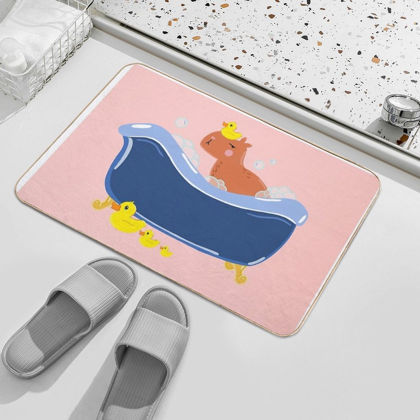 Capybara Taking A Bubble Bath with A Rubber Duck  Versatile Bath Mat