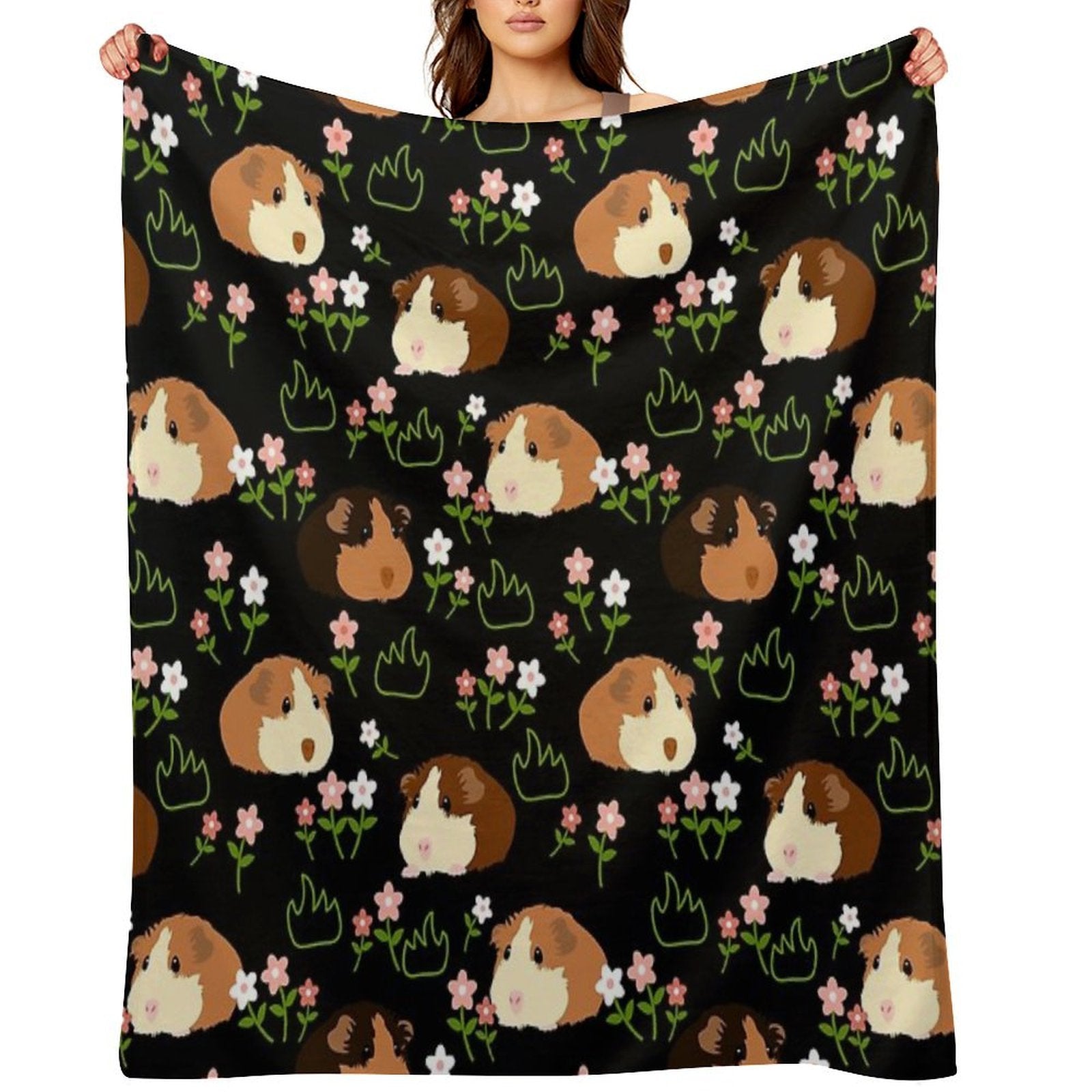 Guinea Pig And Flowers - Black Machine-washable Throw Blanket