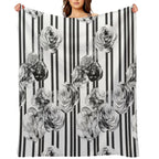 Monochrome Roses & Stripes – Modern Black And White Floral Art Quick-dry Throw Blanket