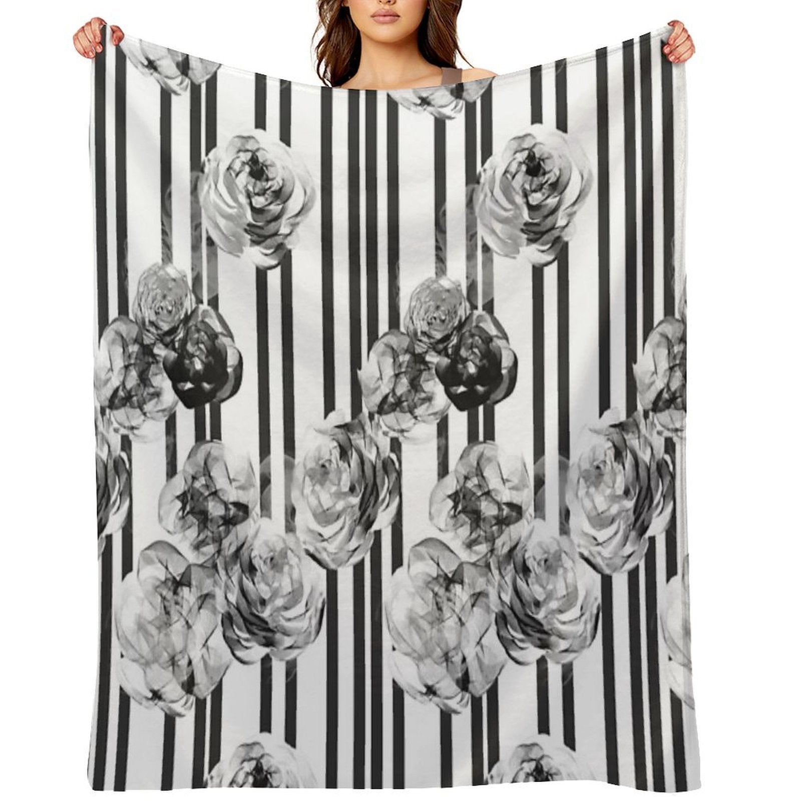 Monochrome Roses & Stripes – Modern Black And White Floral Art Quick-dry Throw Blanket