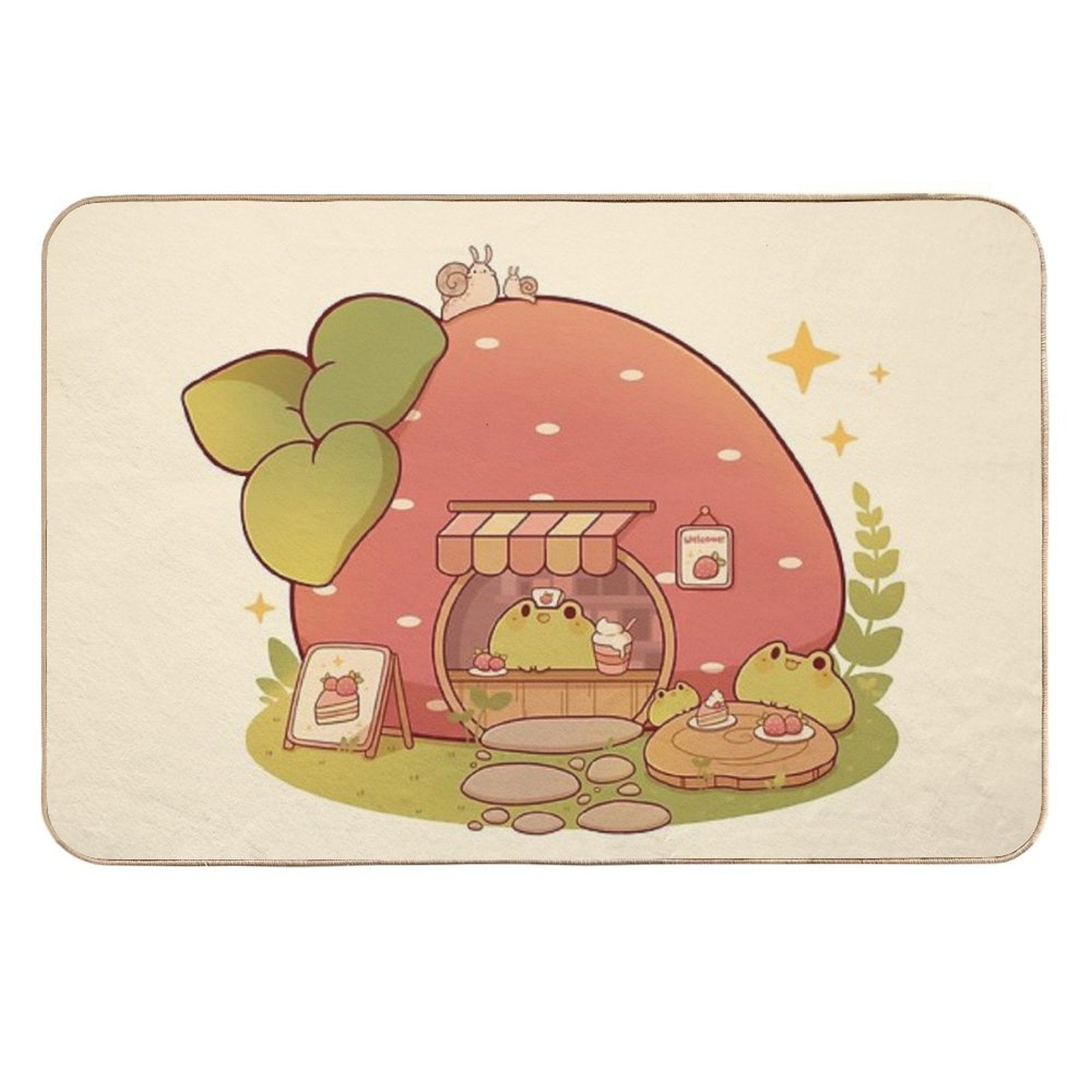Strawberry Bakery Shop with Frogs  Repositionable Bath Mat