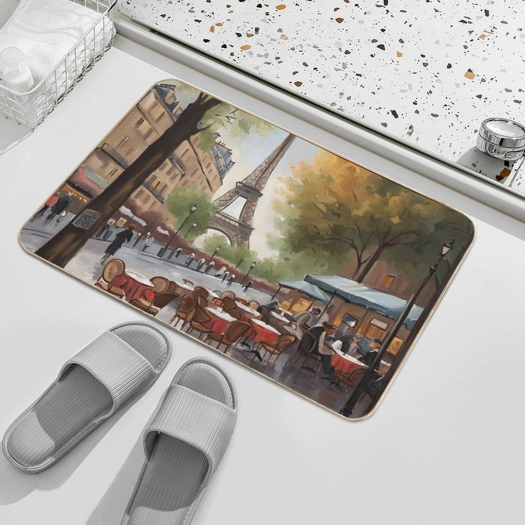 Paris Painting of Street Café And Eiffel Tower in Background  Non-Slip Bath Mat