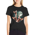 Womens Three Sphynx Moon  3 Hairless Cats Howling Cursed Wolf Meme  Stretchy T-Shirt