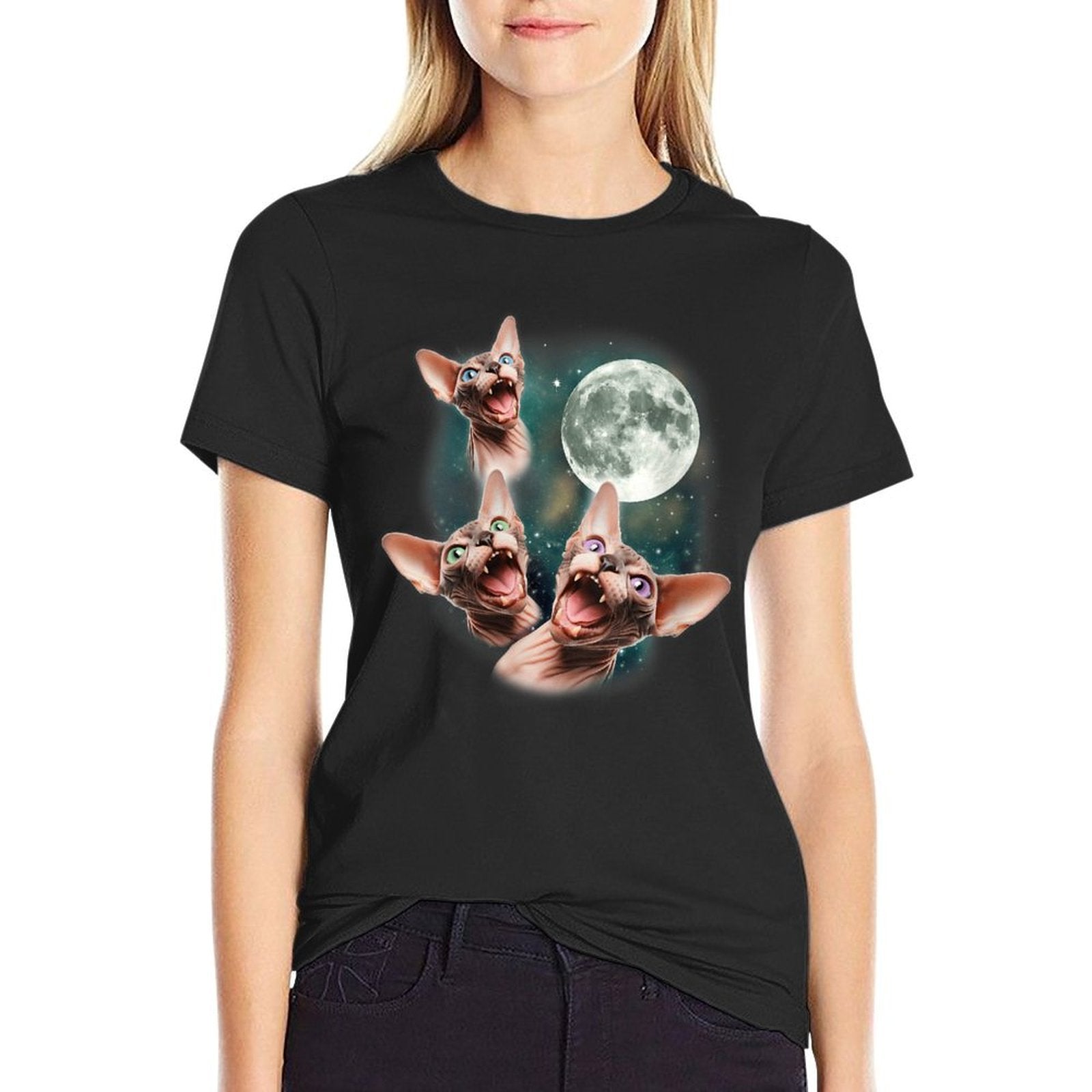 Womens Three Sphynx Moon  3 Hairless Cats Howling Cursed Wolf Meme  Stretchy T-Shirt