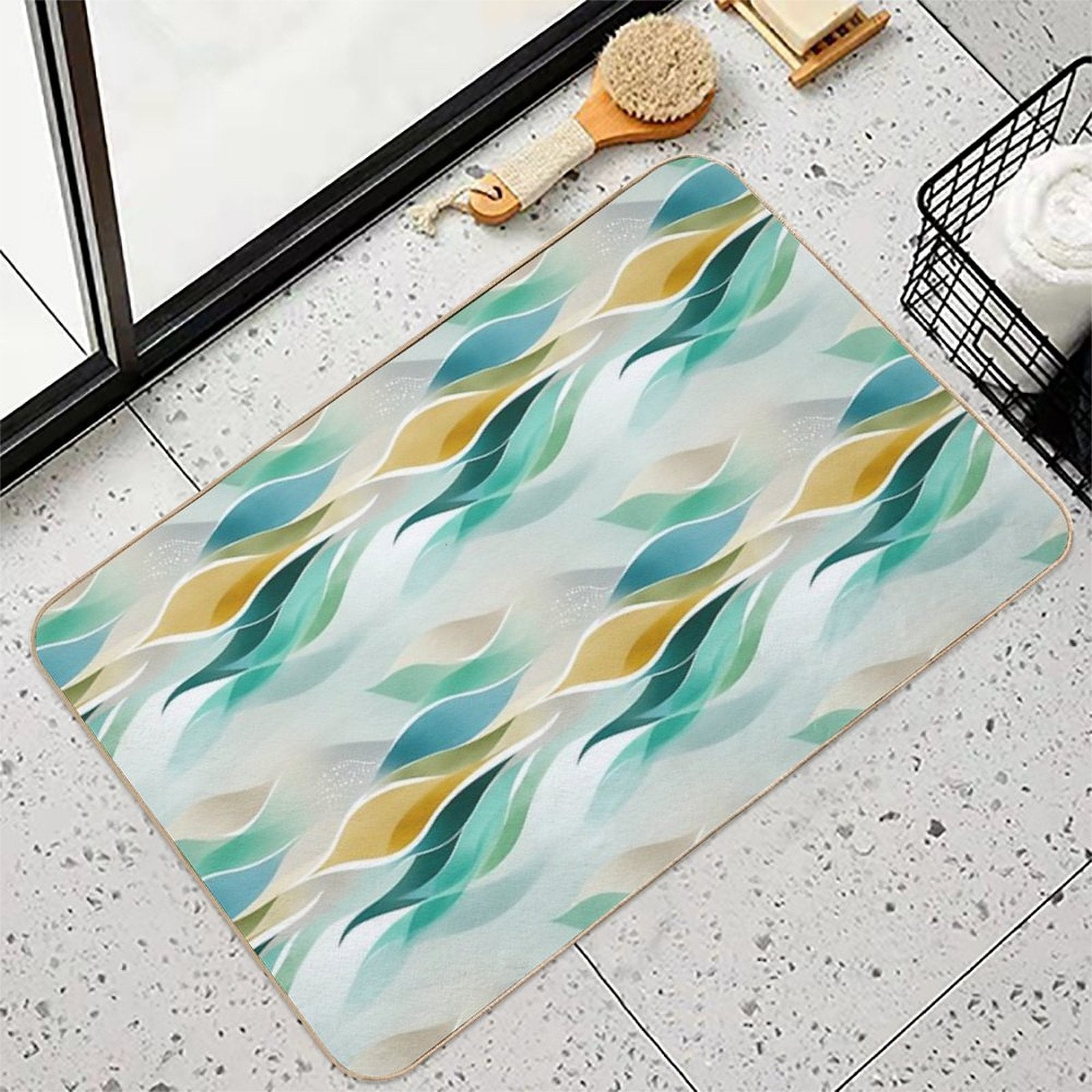 Ethereal Flowing Waves in Teal, Gold, And Cream  Non-Slip Bath Mat