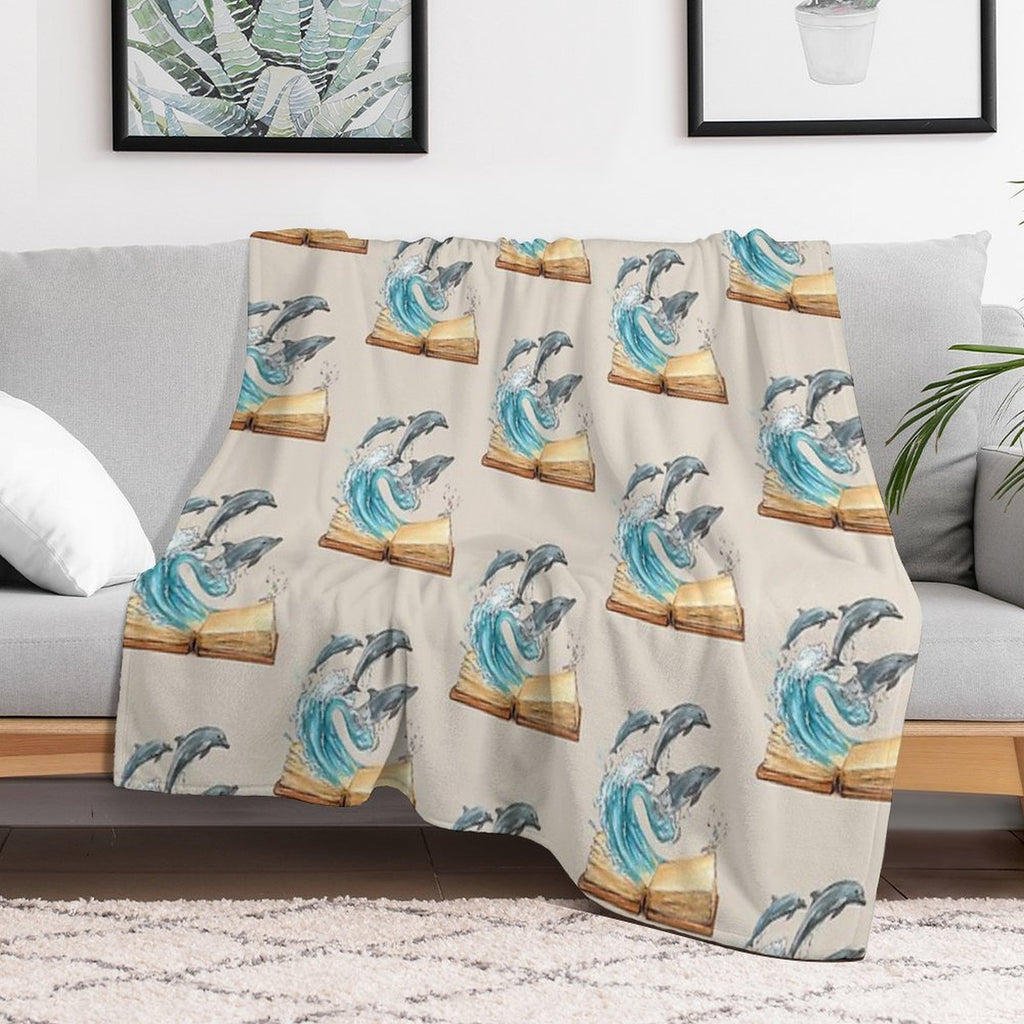 Dolphins Jumping from Old Book Watercolor Illustration Eco-conscious Throw Blanket