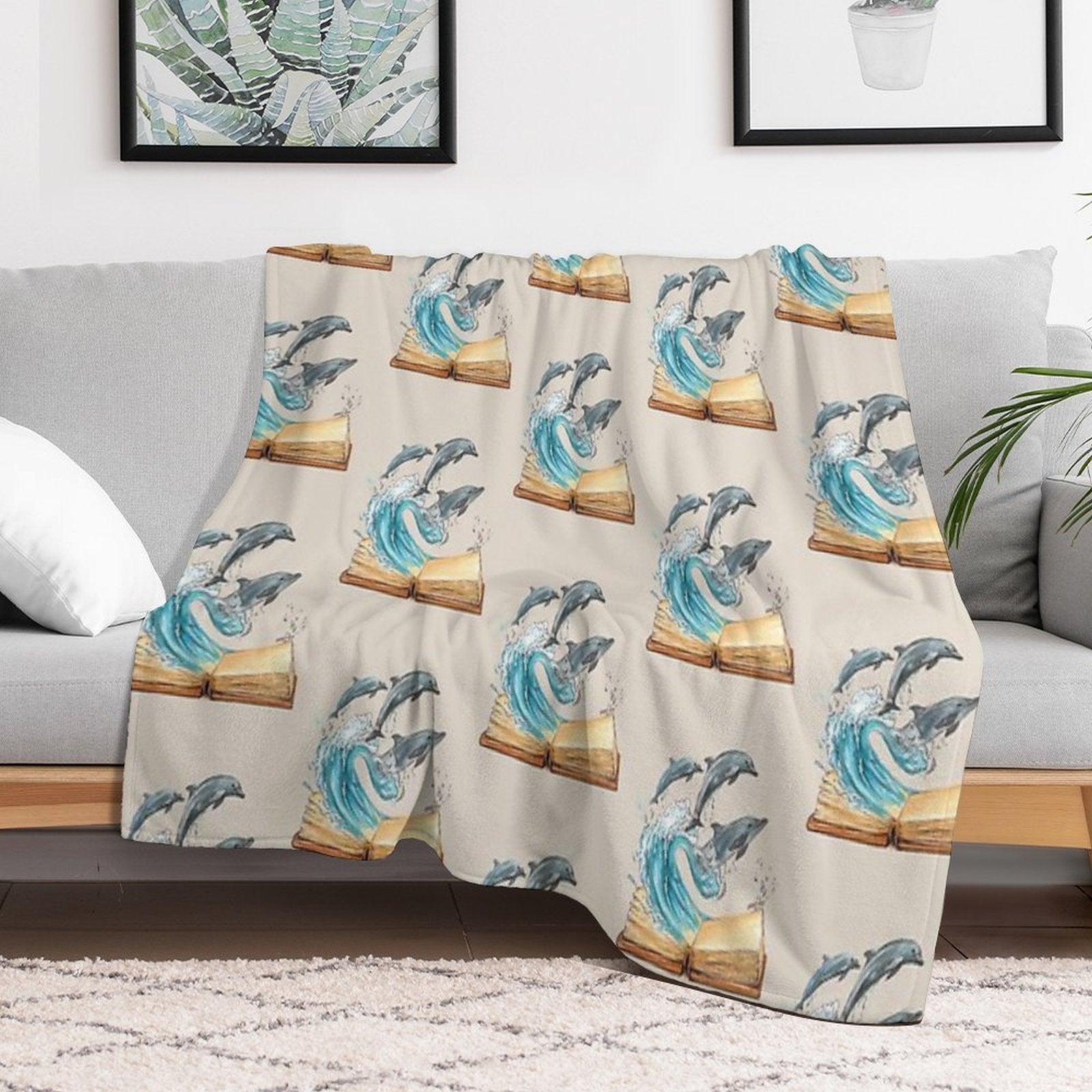 Dolphins Jumping from Old Book Watercolor Illustration Wrinkle-free Throw Blanket