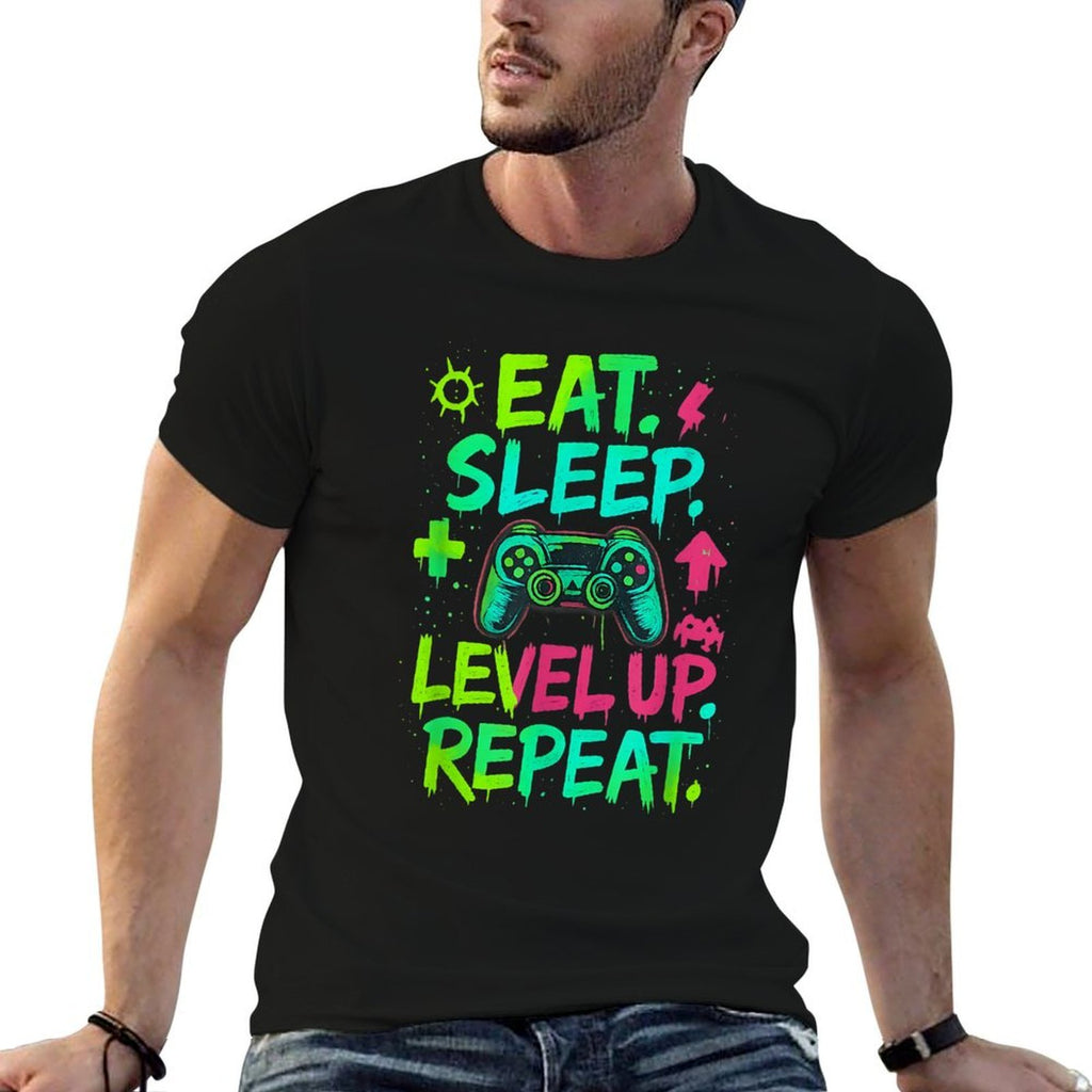Eat Sleep Level Up Repeat Funny Boys Kids Adult Gamer  Heathered Texture T-Shirt