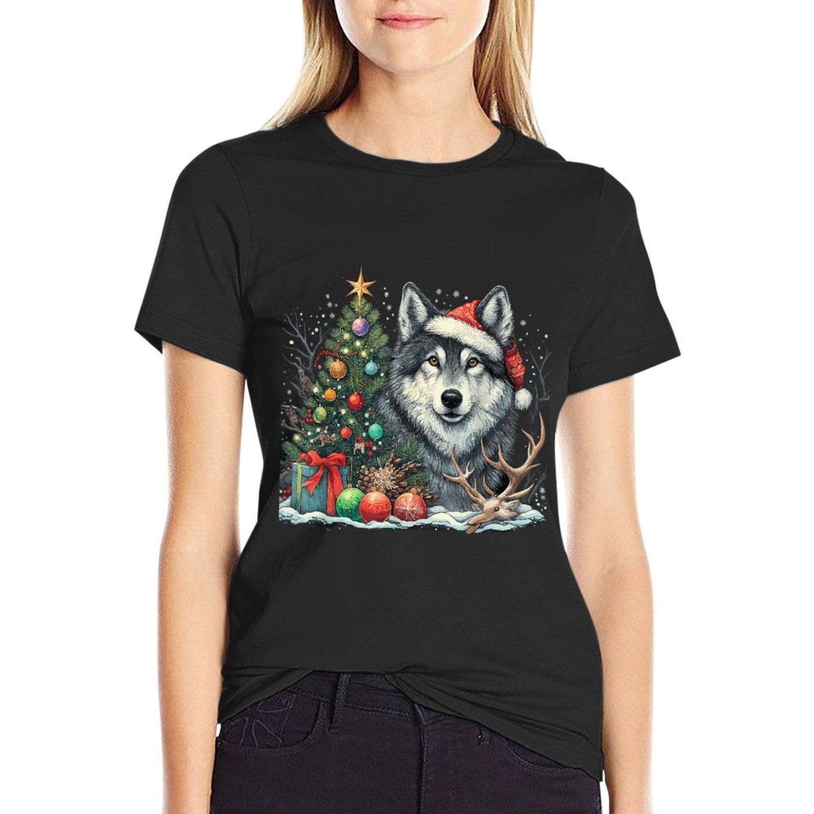 Cute Wolf With Christmas Tree Wearing Santa Hat  Easy-care T-Shirt