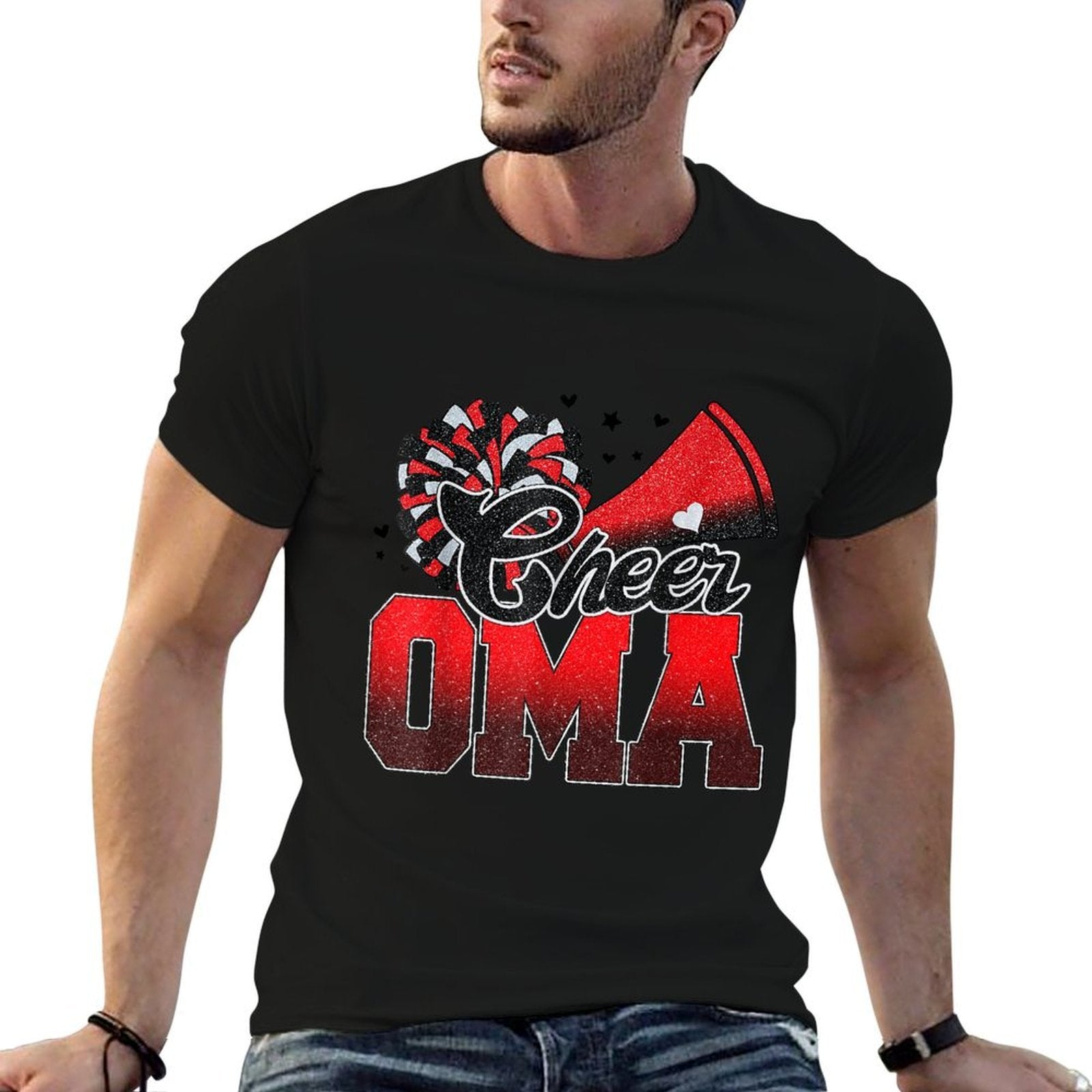 Cheer Oma Cheer Leader Gift Biggest Fan Black Red Pom Pom  Wrinkle-resistant T-Shirt