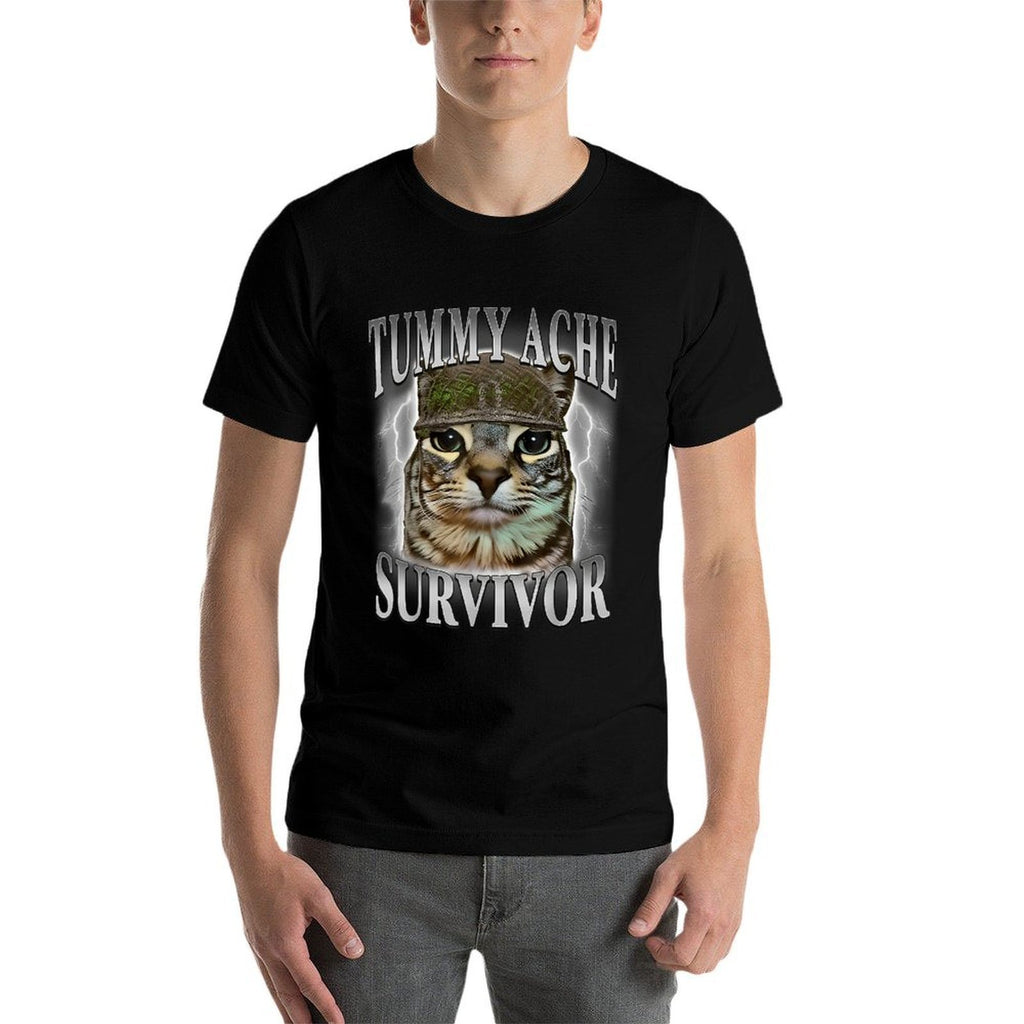 Tummy Ache Survivor Cat Meme Funny Saying Cats Animals  Polyester Blend T-Shirt