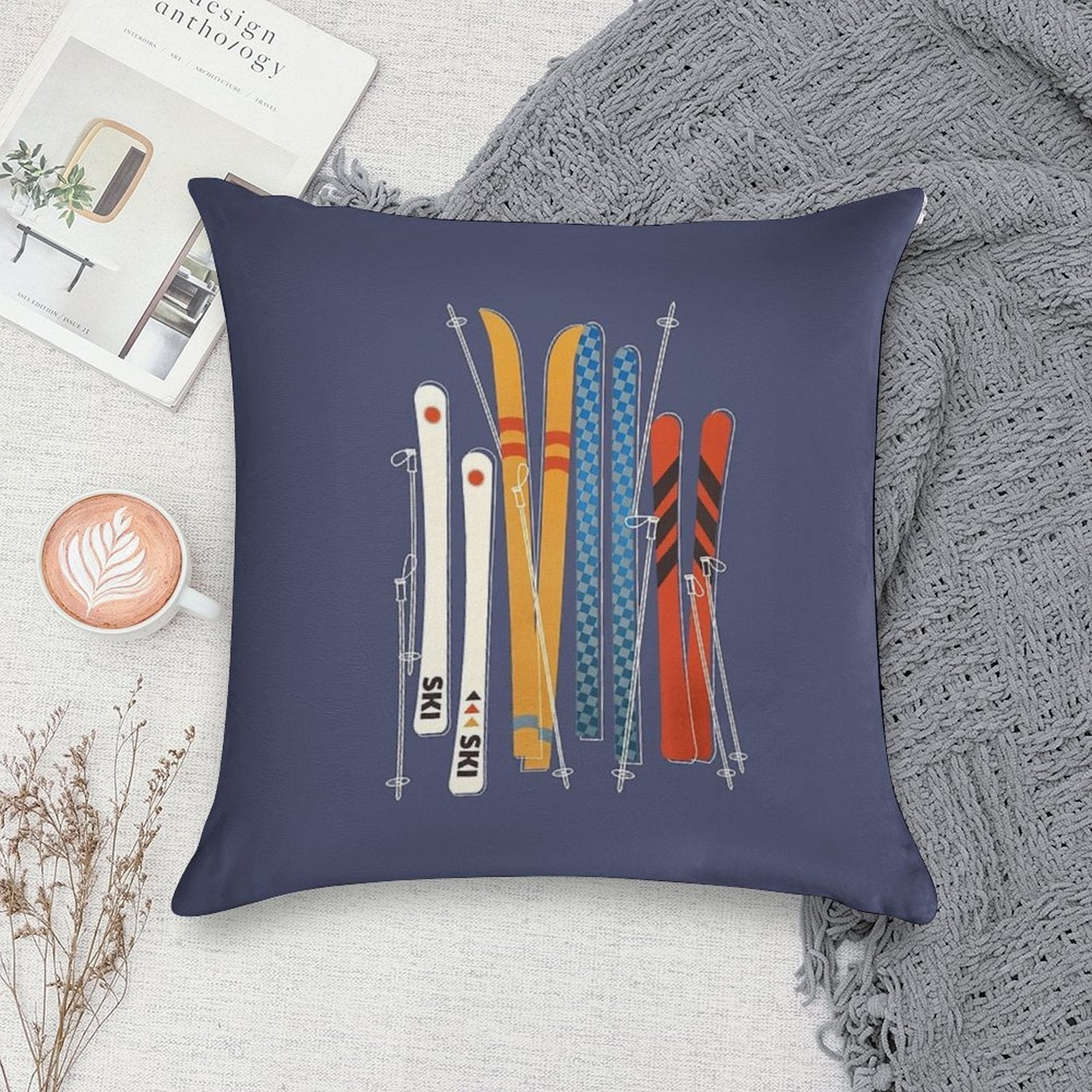 Retro Colorful Skis Soft Style Accent Throw Pillow