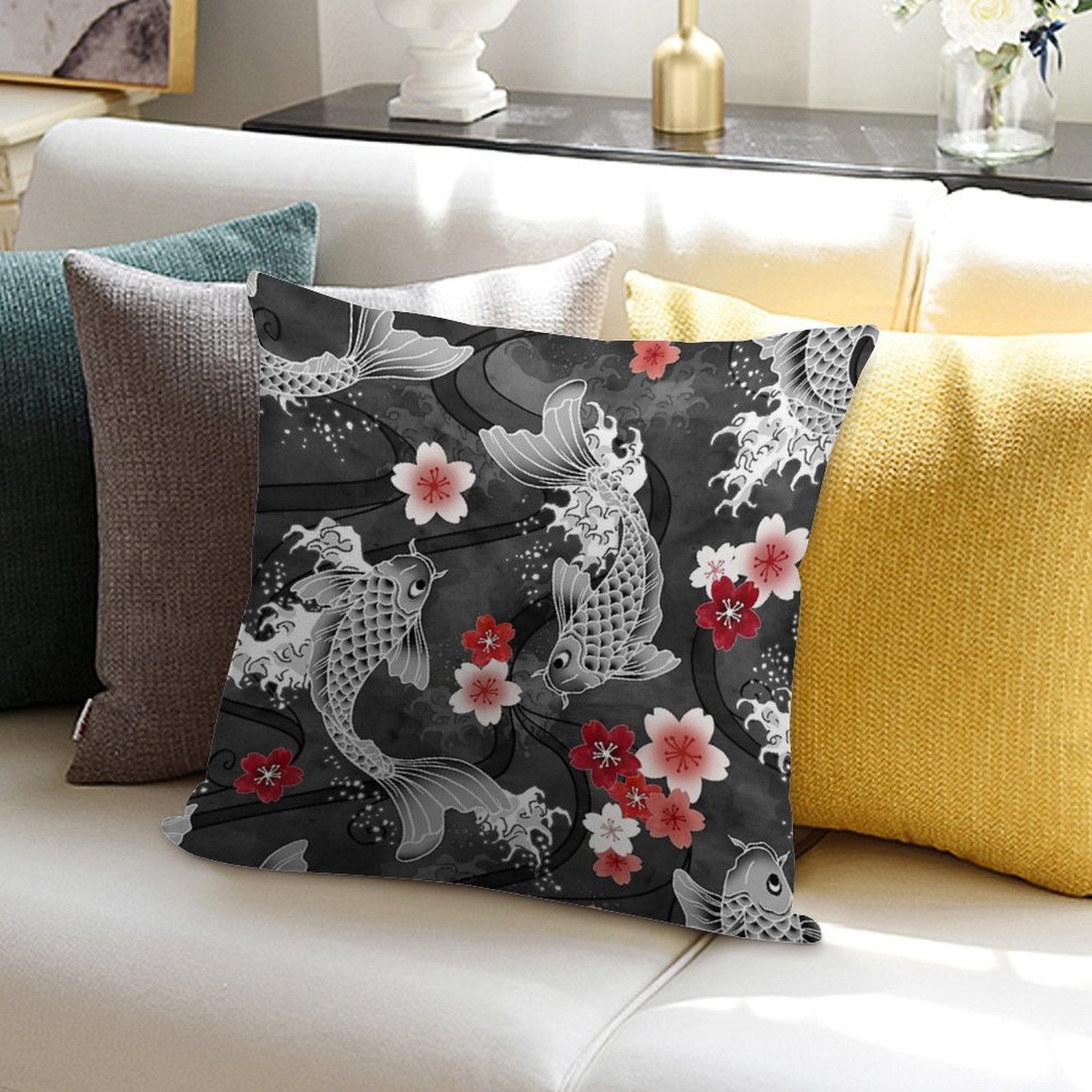 Koi Sakura Blossom in Black Soft Reinforced Edging Throw Pillow