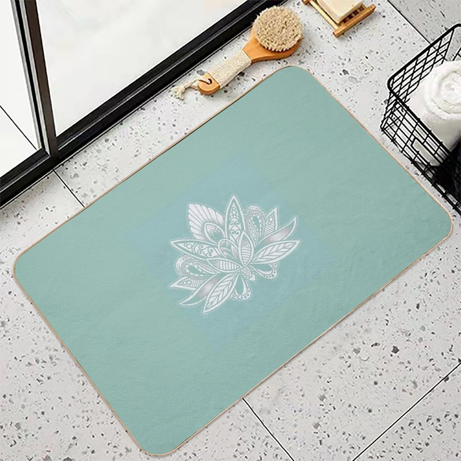 Lotus Flower on Turquoise  Repositionable Bath Mat