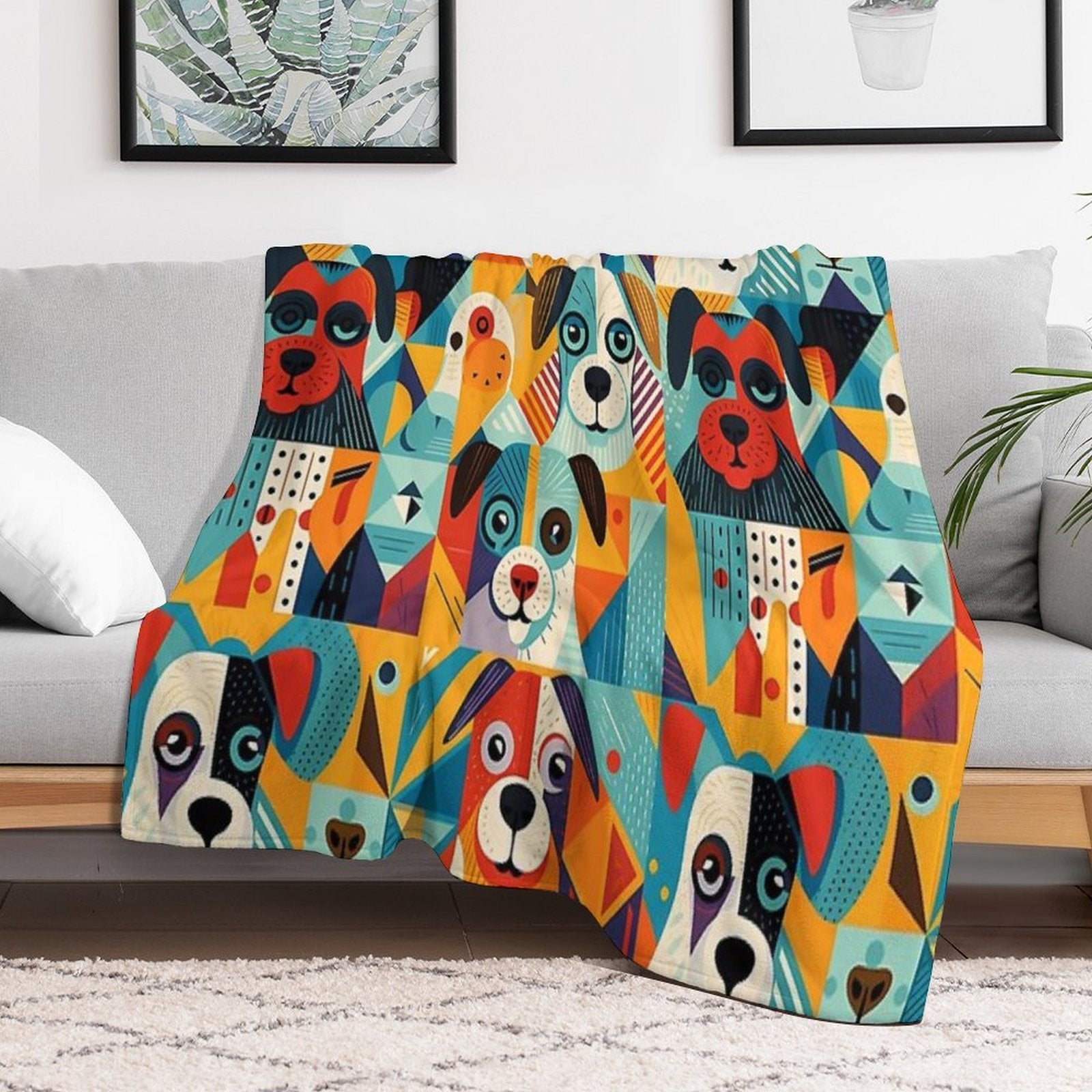 Geometrical Dogs Pattern Lightweight Throw Blanket