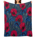 Red Poppies And Blue Cornflowers on Blue Shrink-resistant Throw Blanket