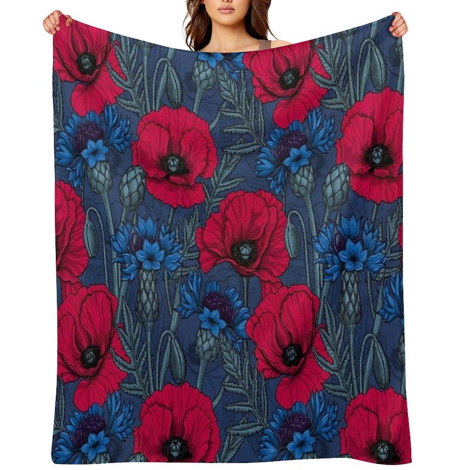 Red Poppies And Blue Cornflowers on Blue Shrink-resistant Throw Blanket